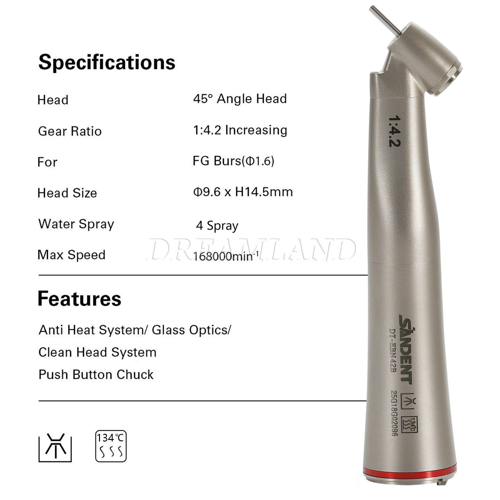 Dental 45° Angle inner Channel contra angle fiber optic LED 1:4.2 handpiece USA