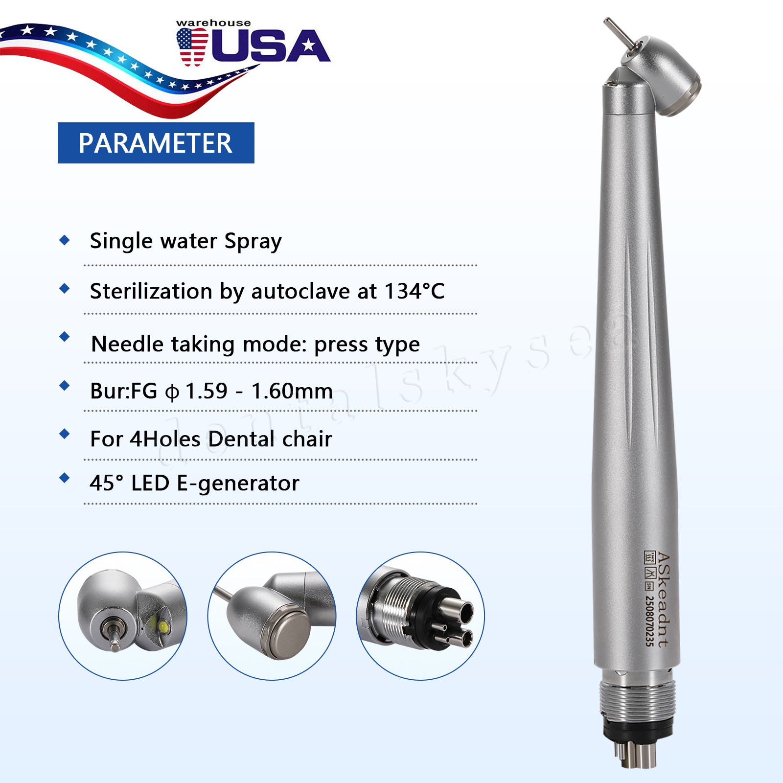 Dental Surgical Handpiece 45° Angle LED Self Power Rear Exhaust 4Hole M4