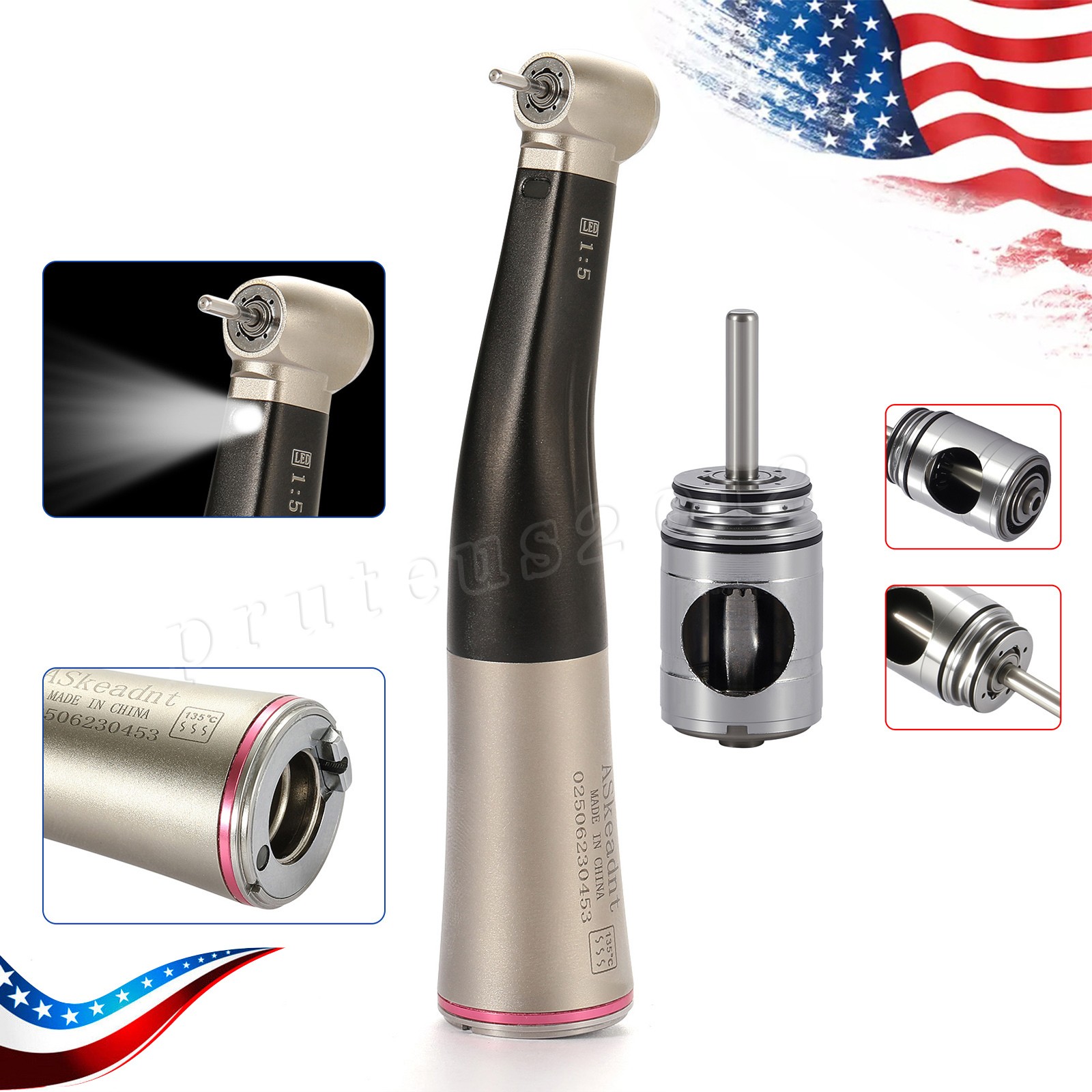 Dental 1:5 Increasing Handpiece Contra Angle LED Fiber Optic /Cartridge Rotor US