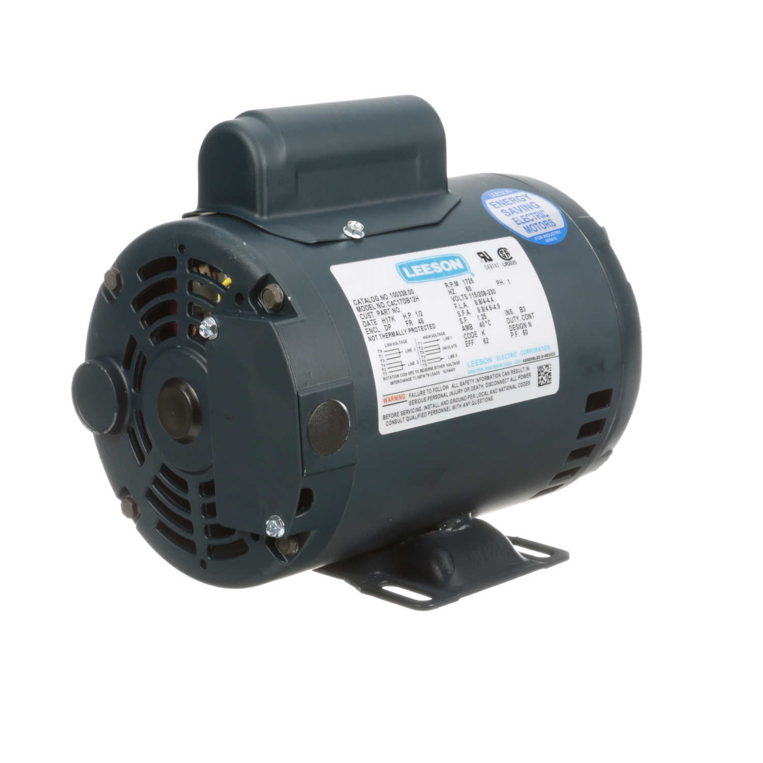 Leeson 100338.00 Electric Motor 1/2 HP 1725 Rpm 1PH 115/208-230 48 FR C4C17DB12H