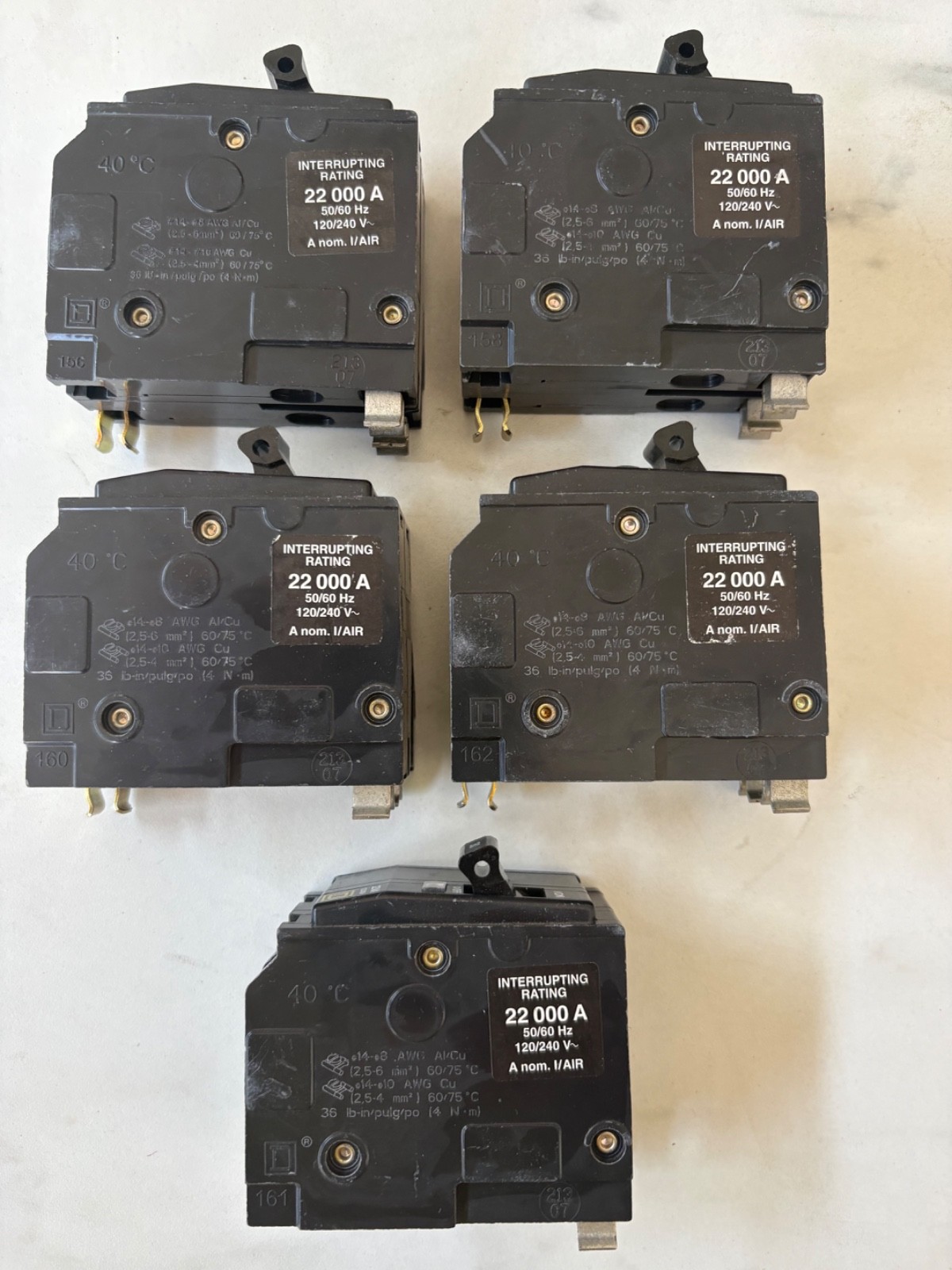 Lot of 5 SQUARE D QO230VH 2P 30A 240V 22K plug in circuit breaker