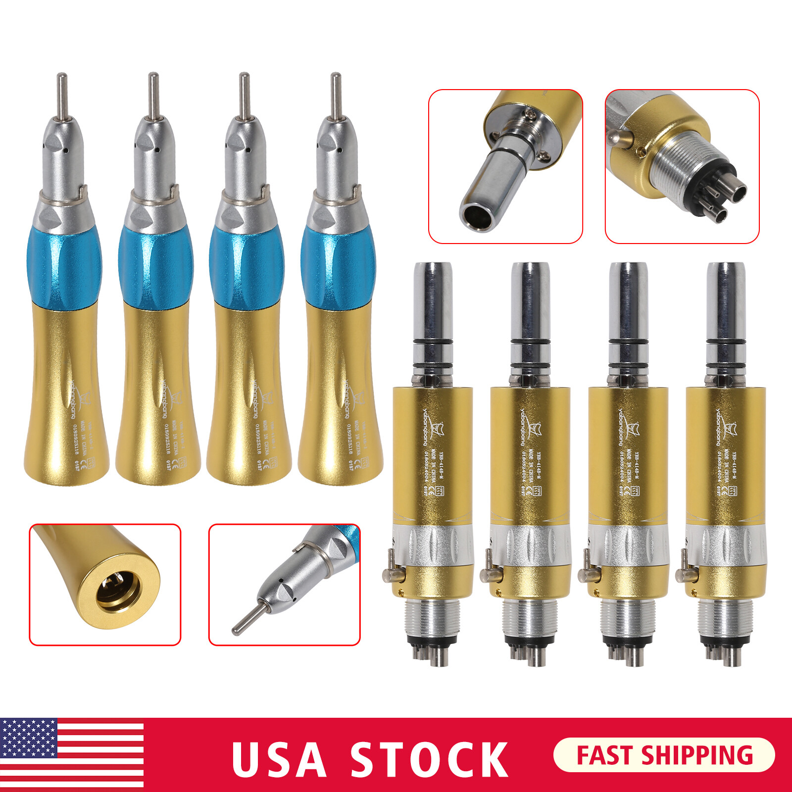 1-10 NSK Style Dental Straight Nosecone Handpiece / Air Motor 4-Holes Slow Gold