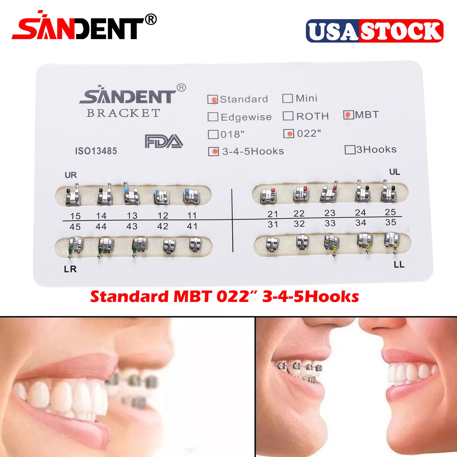 10x SANDENT Dental Orthodontics Brackets Brace Standard MBT 0.022″ Hooks 3-4-5
