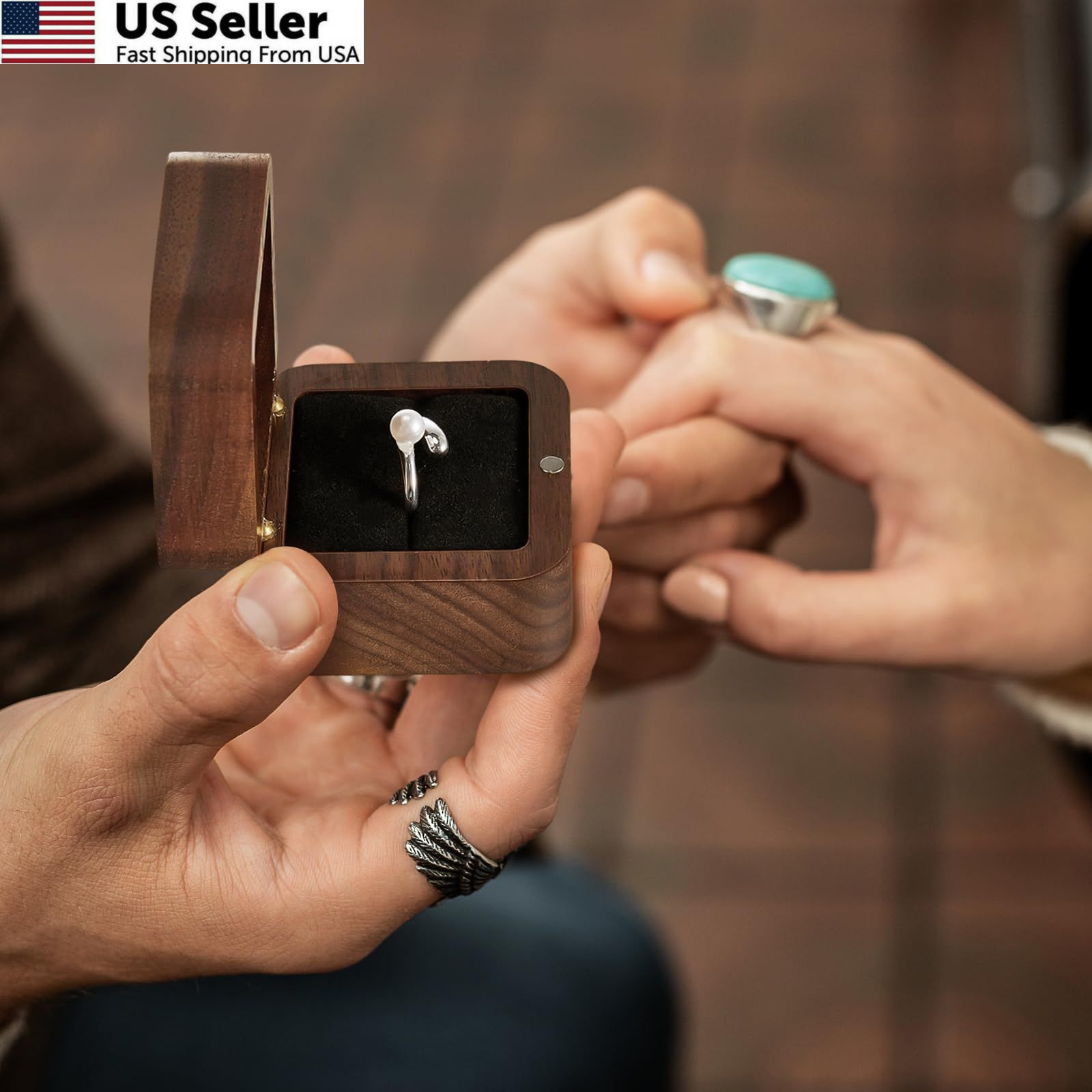 Loetere 6 Pcs Square Wooden Ring Boxes for Wedding Ceremony Mini Black
