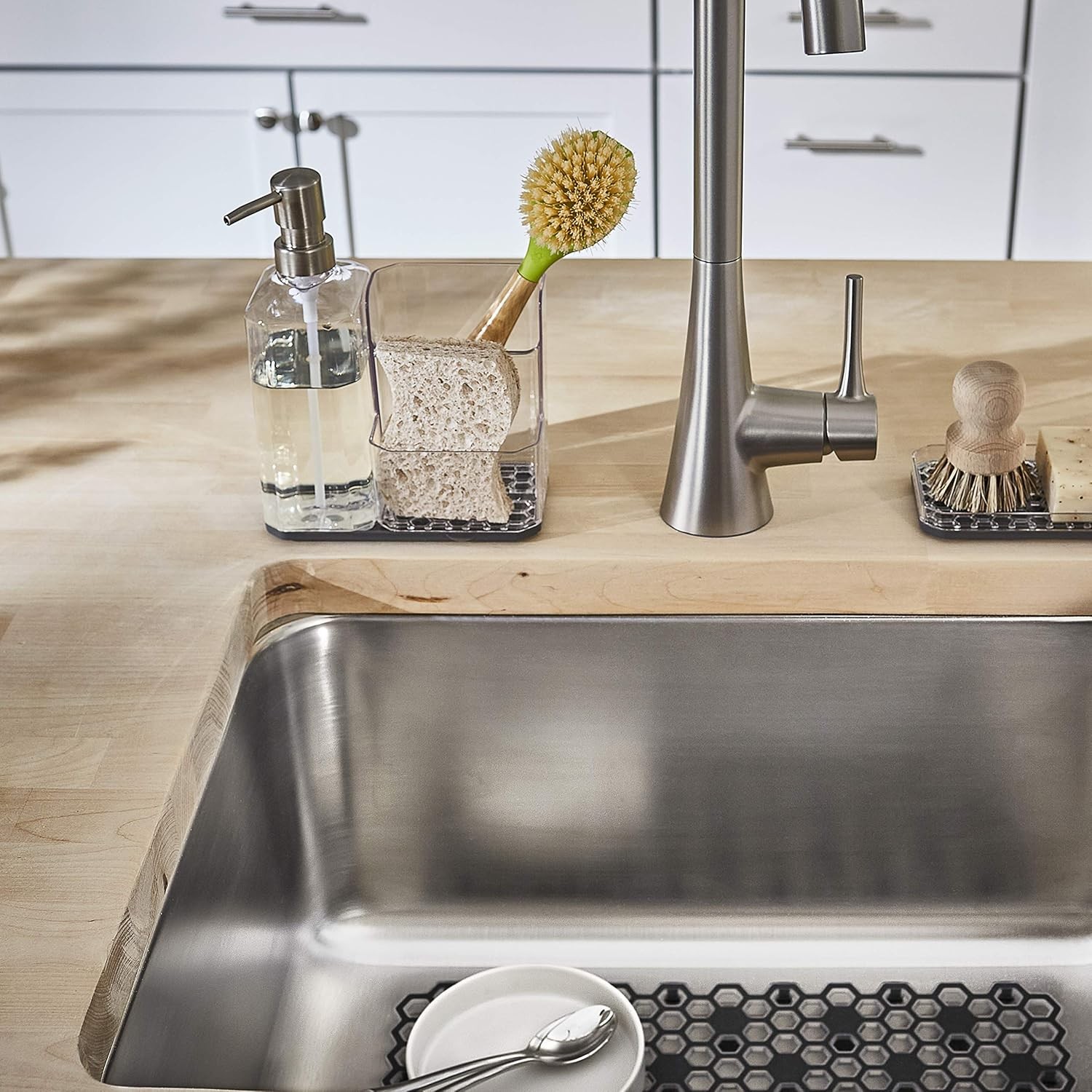 Spectrum Soap Dispenser with Sponge and Brush Holder for Kitchen Sink, Hexa Sink