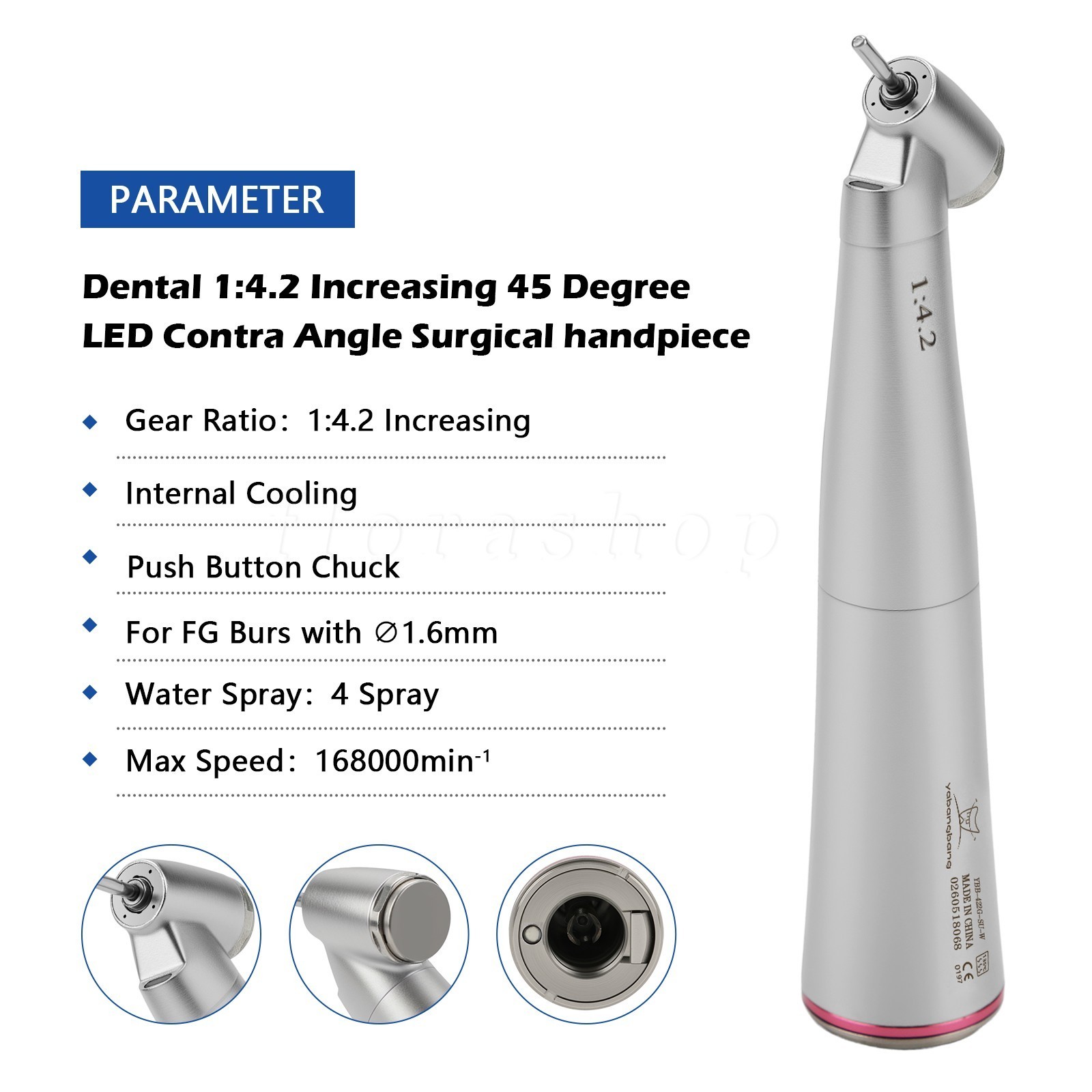3* Dental 1:4.2 45° LED Surgical Handpiece Internal 4 Water Spray Push Button
