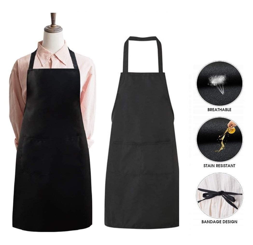 1-100X Unisex Black Bib Aprons with 2 Pockets for Chef Waiter Kitchen Restaurant