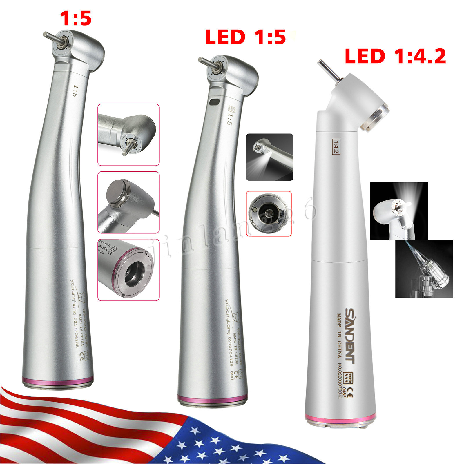 YBB Dental Electric Contra Angle Handpiece 1:1 1:5 45° Surgical Fiber Optic LED