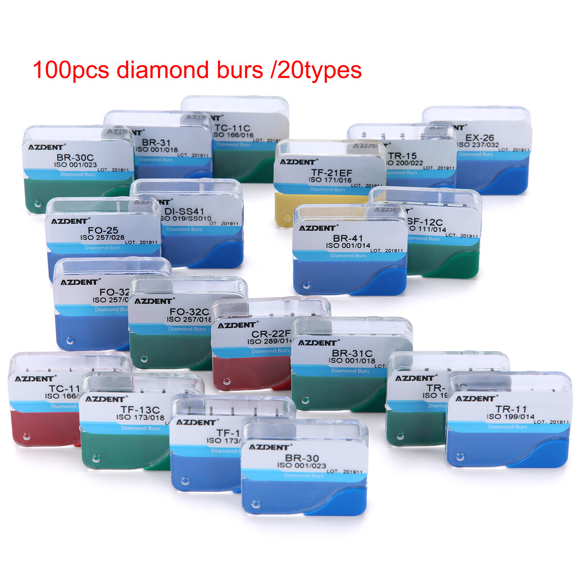 100piezas 20tipos Fresas de diamante medianas dentales FG 1.6 mm Bur BR/TR/TF/EX