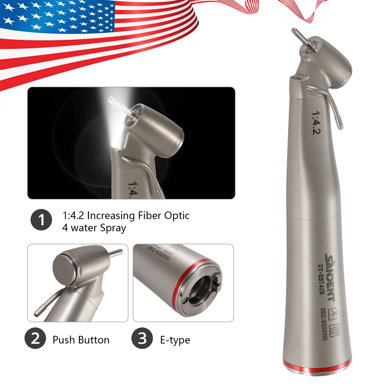 Dental Optic Fiber LED 1:4.2 Increasing Handpiece 45°Angle Head External Channel