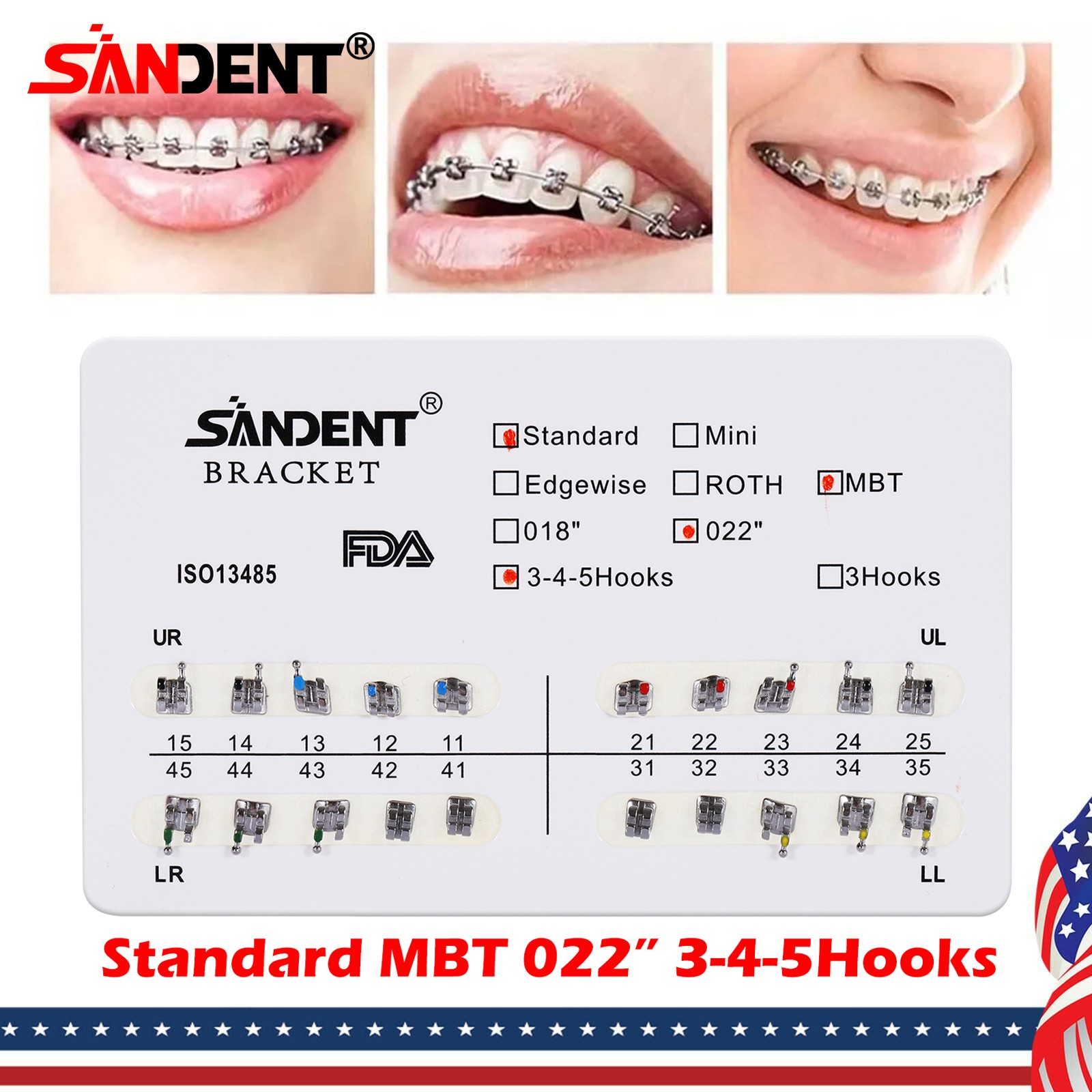 10x SANDENT Dental Orthodontics Brackets Brace Standard MBT 0.022″ Hooks 3-4-5