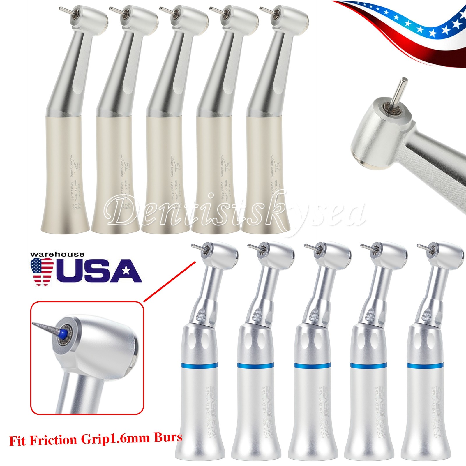 Dental Low Speed Handpieces Contra Angle Push Button E-Type fit FG 1.60mm Burs