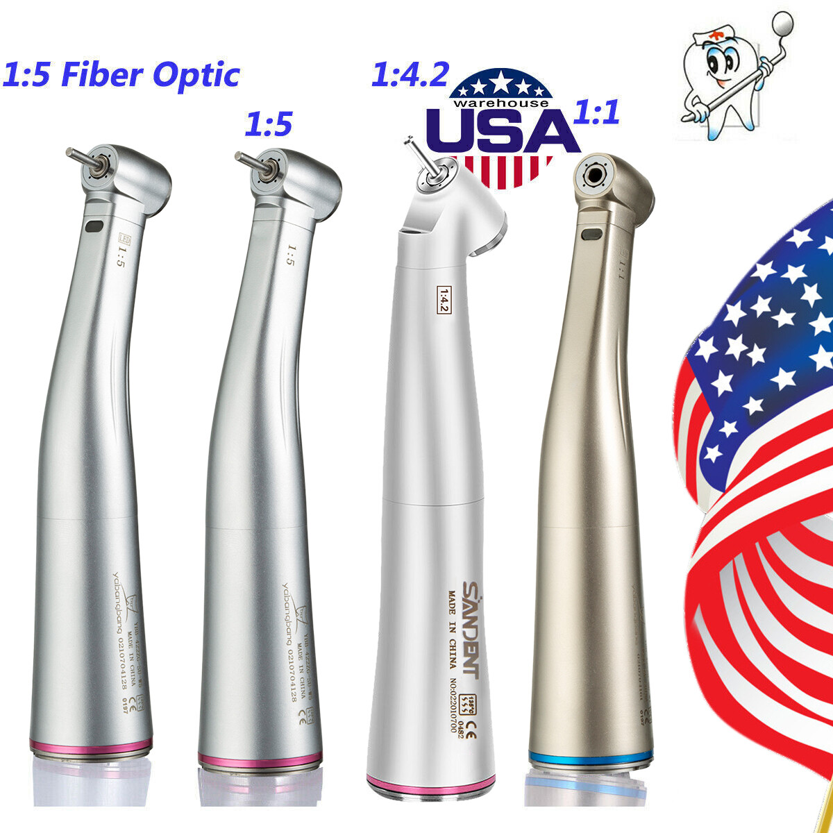 YBB Dental Electric Contra Angle Handpiece 1:1 1:5 45° Surgical Fiber Optic LED
