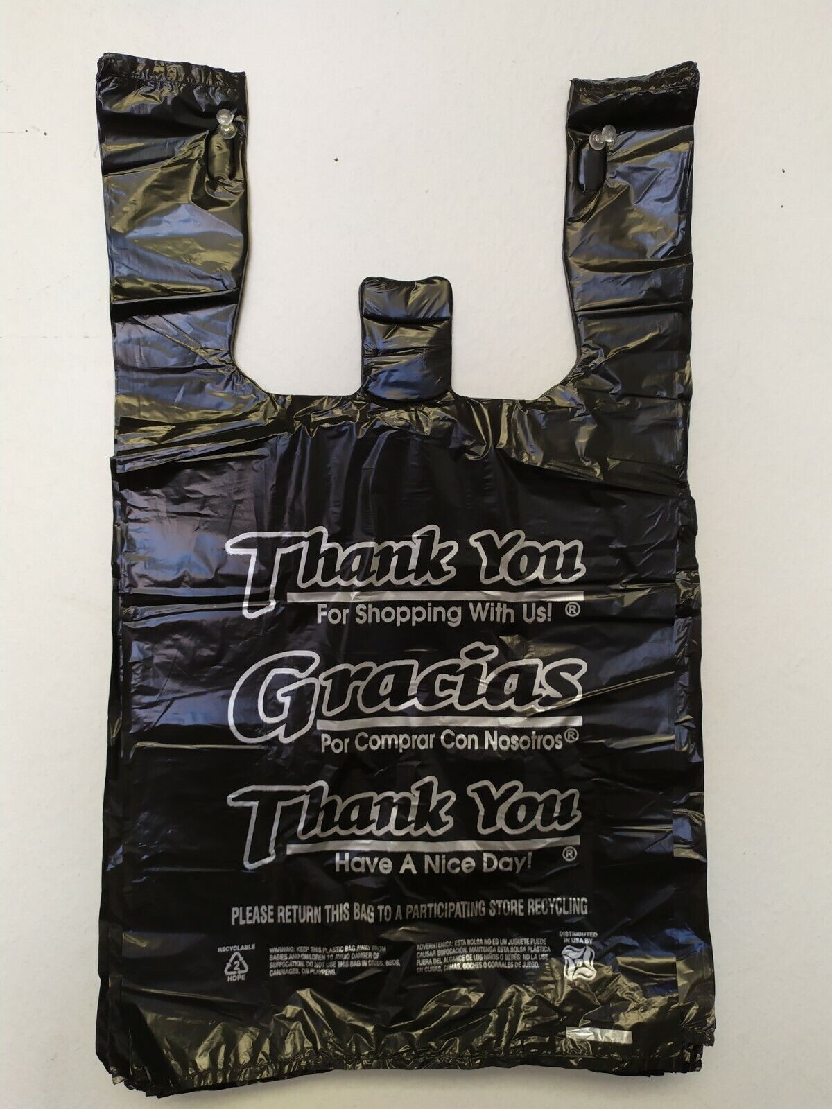 HDPE Black Thank You T-Shirt Bags Bag 1/8 Plastic Shopping Bags 10″ x 5″ x 18″