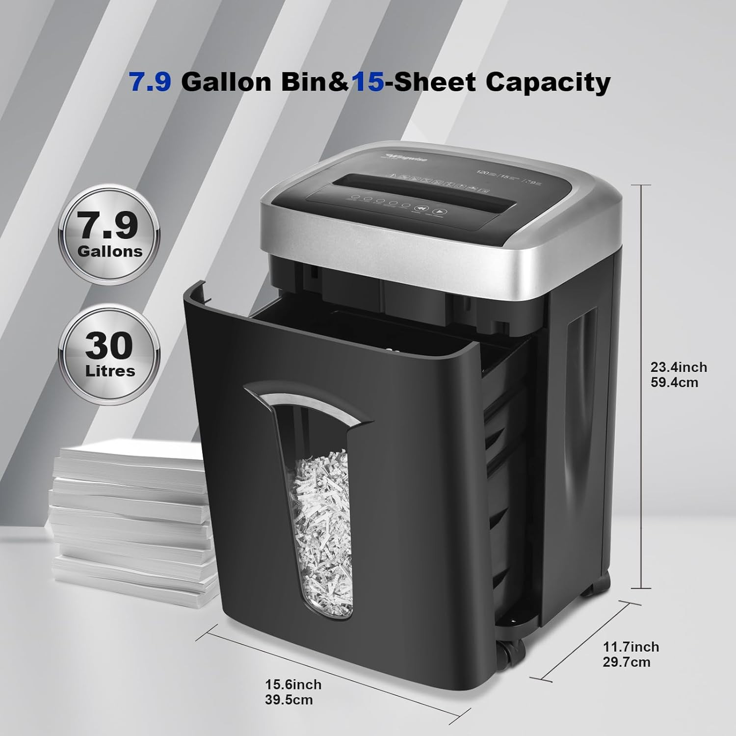 120-Minute Paper Shredder – 15-Sheet Capacity, 30L（7.9 Gallon） Bin, 58Db Quiet O