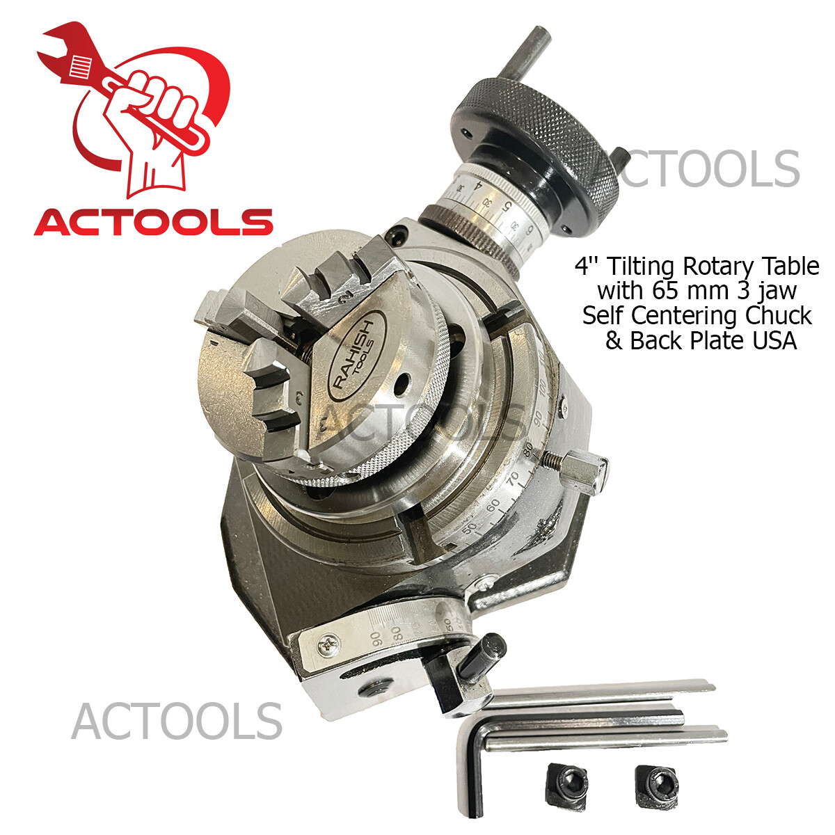 4′ Inch Tilting Rotary Table with 65 mm 3 jaw Self Centering Chuck & Back Plate