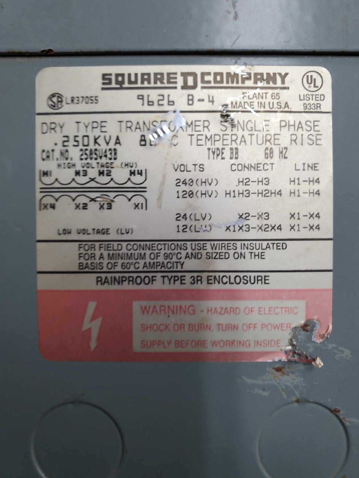 Square D 250SV43B Control Transformer 0.25kVA 1PH 120/240V to 12/24V Type 3R