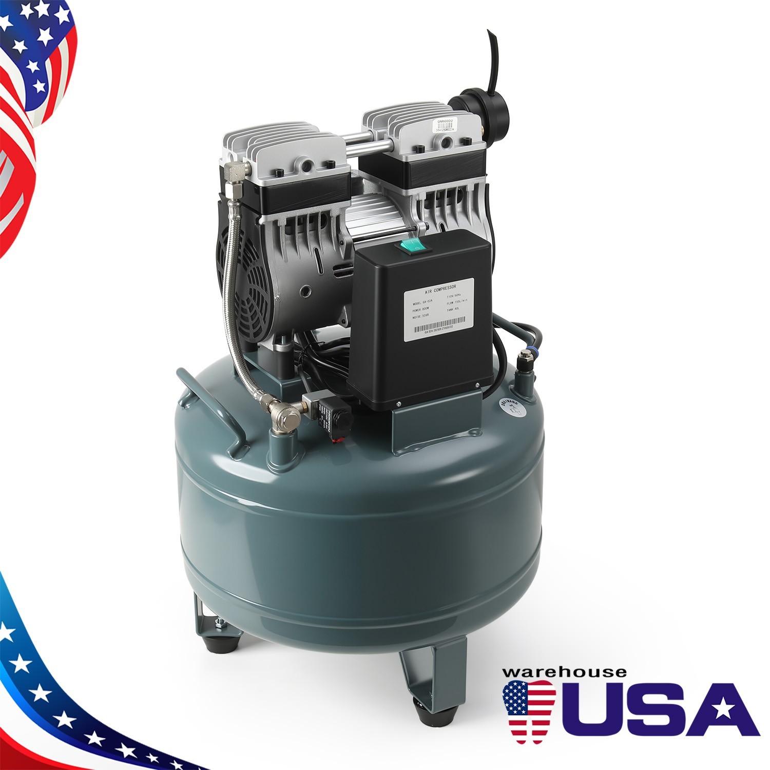 Dual Gauge Oil-Free Dental Air Compressor 40L/24L 155L/min Tank 58dB Low Noise