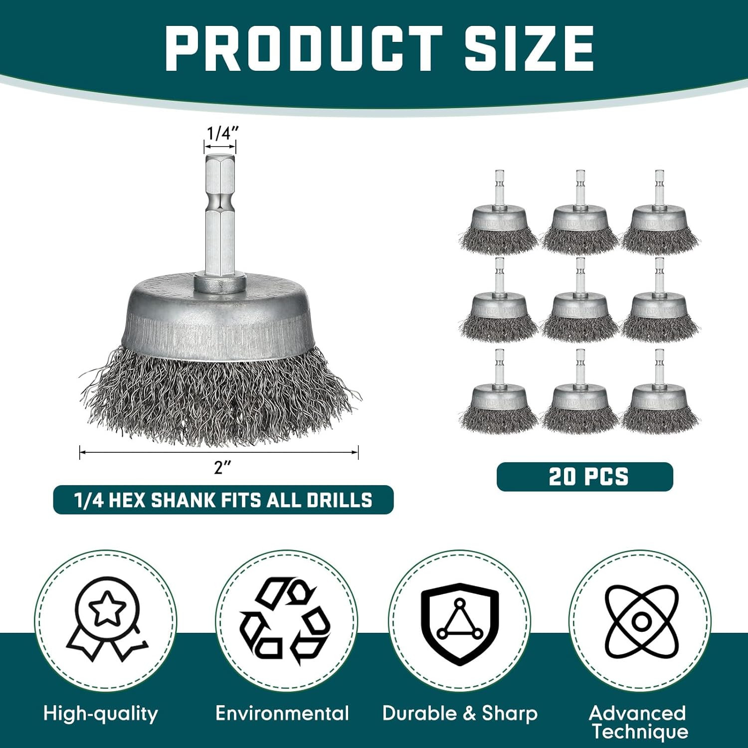 20 Pcs Wire Cup Brush for Drill Abrasive 2″ Wire Wheel Brush 1/4 Inch Hex Shank,