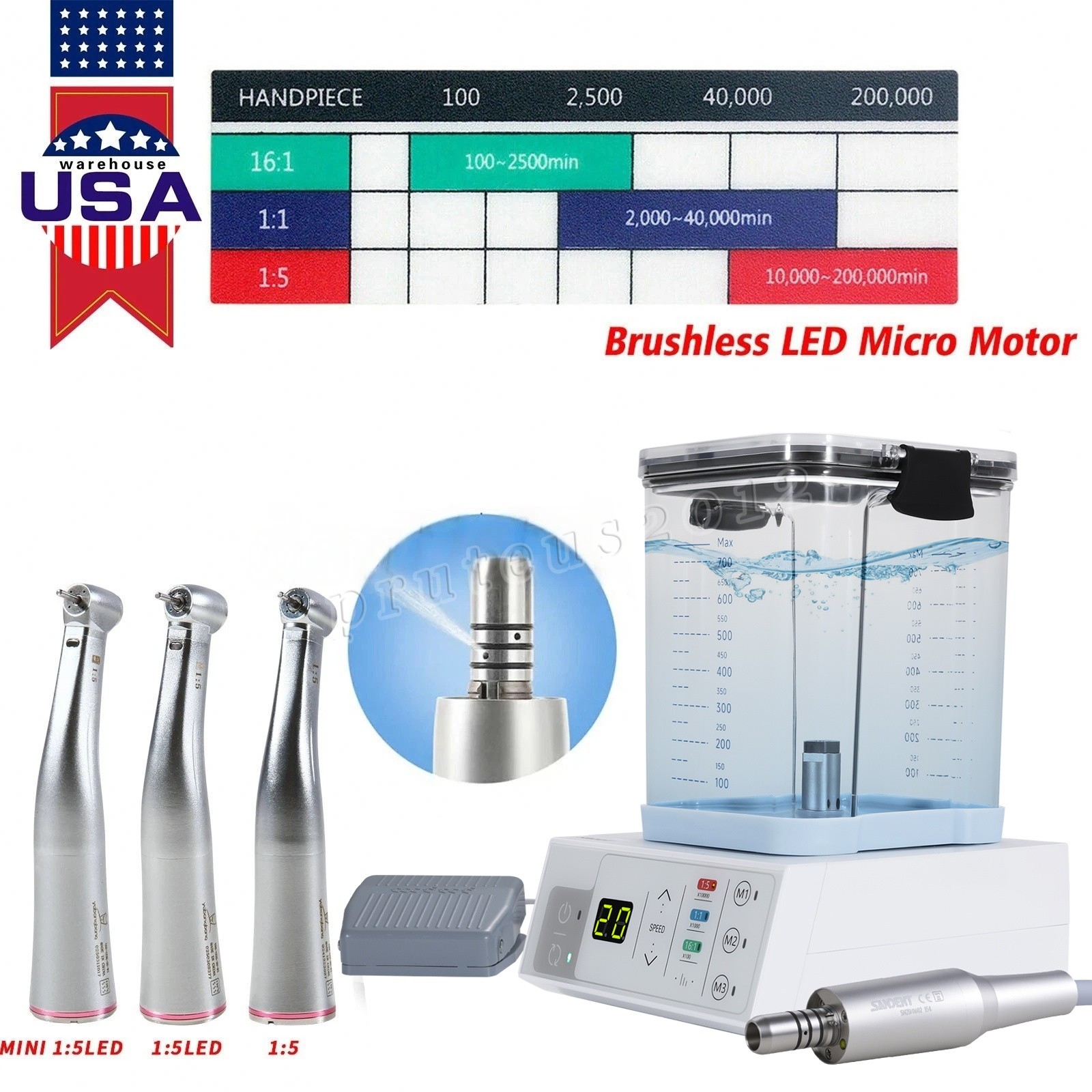 NSK Style Dental Brushless LED Electric Micro Motor/1:5 1:4.2 1:1 Handpiece USA