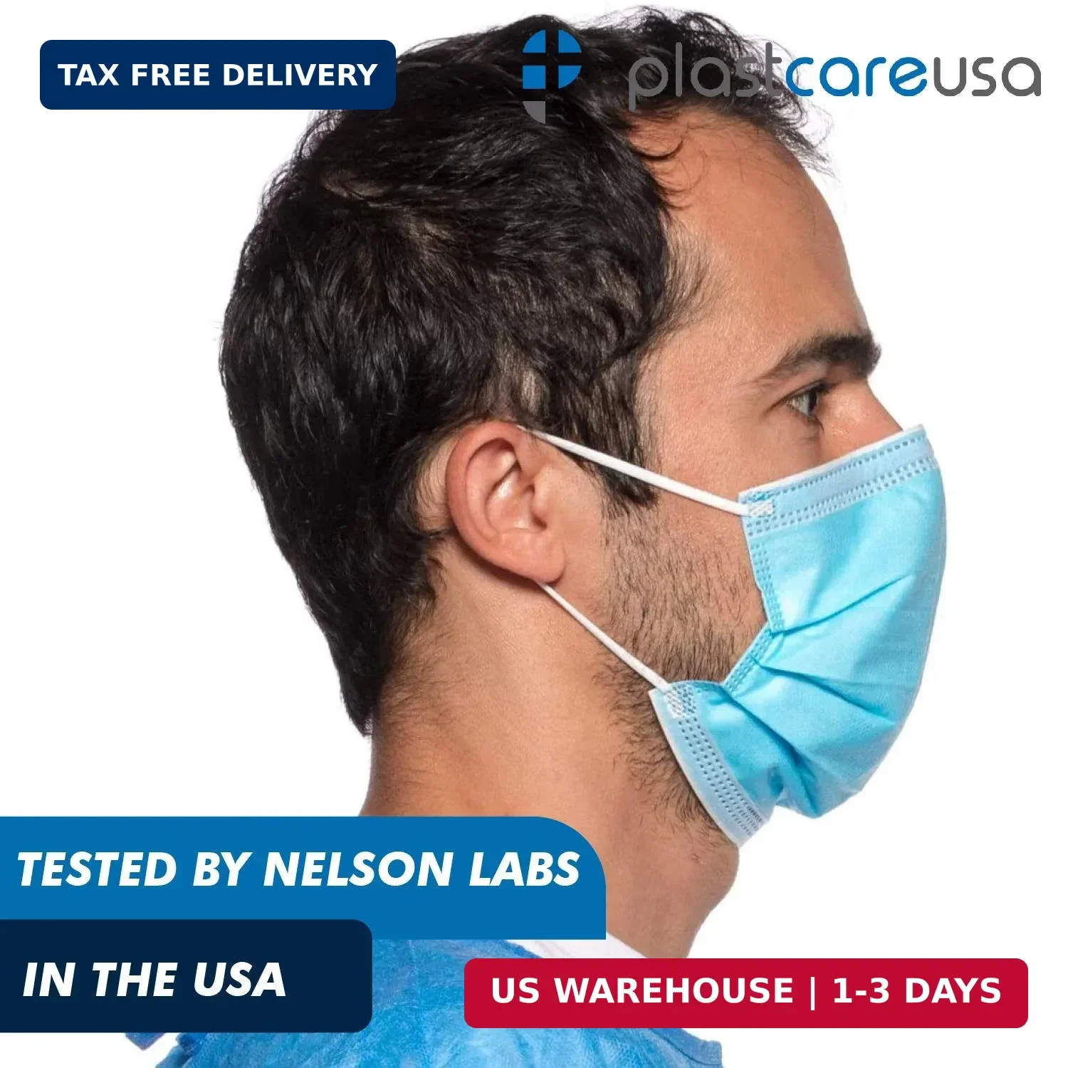 PlastCare USA Box of 50 4-Ply ASTM Level 3 Face Masks, Disposable (Blue)