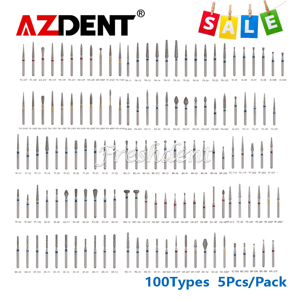 AZDENT 100Type Dental Diamond Burs FG Drill F High Speed Handpiece 1.6mm 5pc/PK