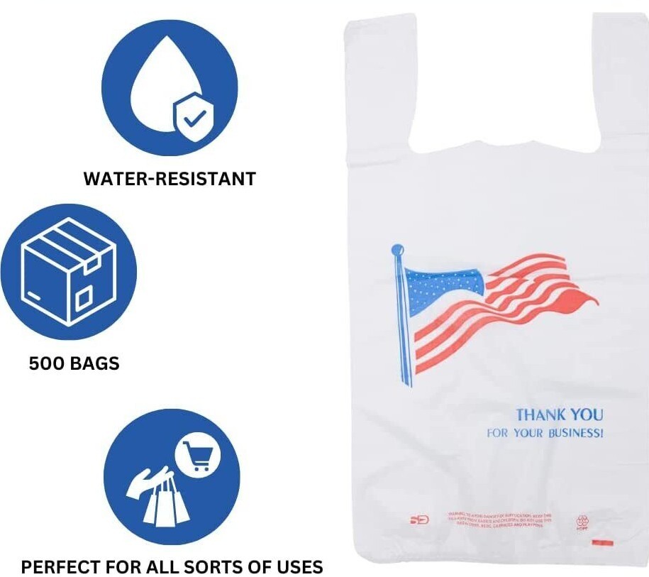 Bags 1/6 21 x 6.5 x 11.5 Heavy Duty .71 Mil White American Flag T-Shirt Plastic
