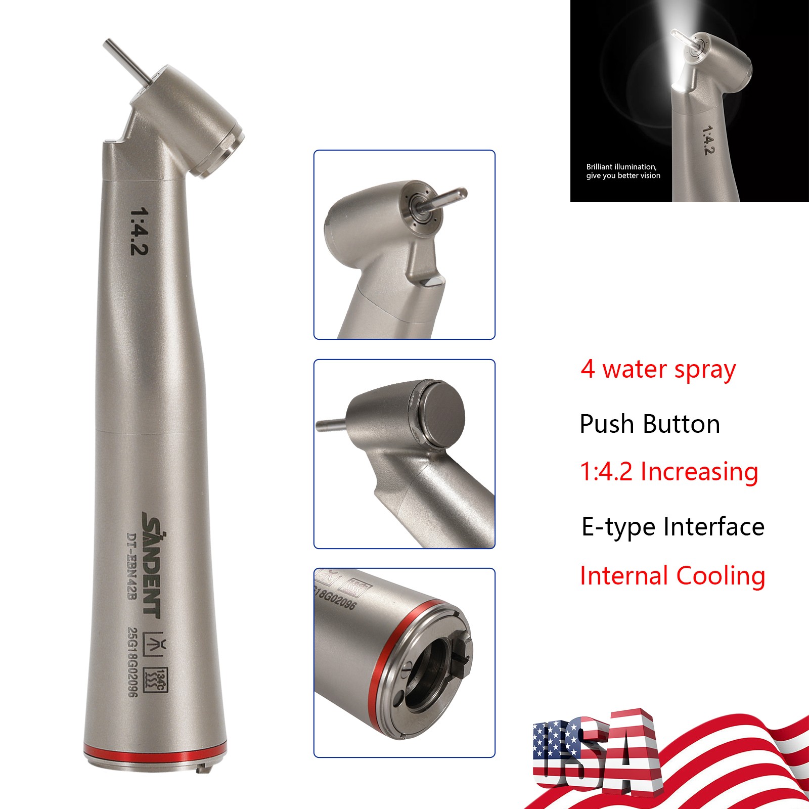Dental LED Handpiece 1:4.2 Contra Angle 45° LED Fiber Optic Turbine Inner UPS
