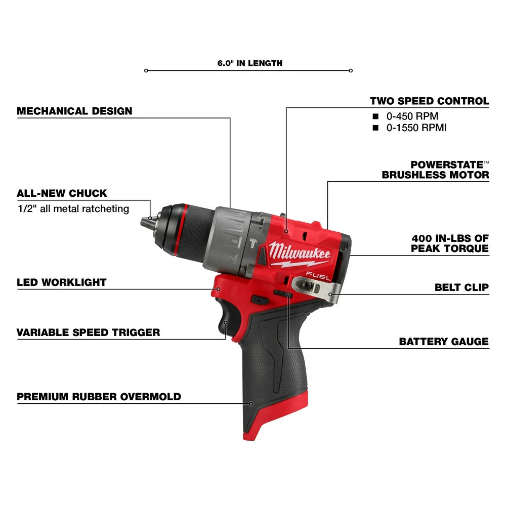 Milwaukee 3404-20 M12 FUEL 12V 1/2″ Cordless Hammer Drill/Driver – Bare Tool
