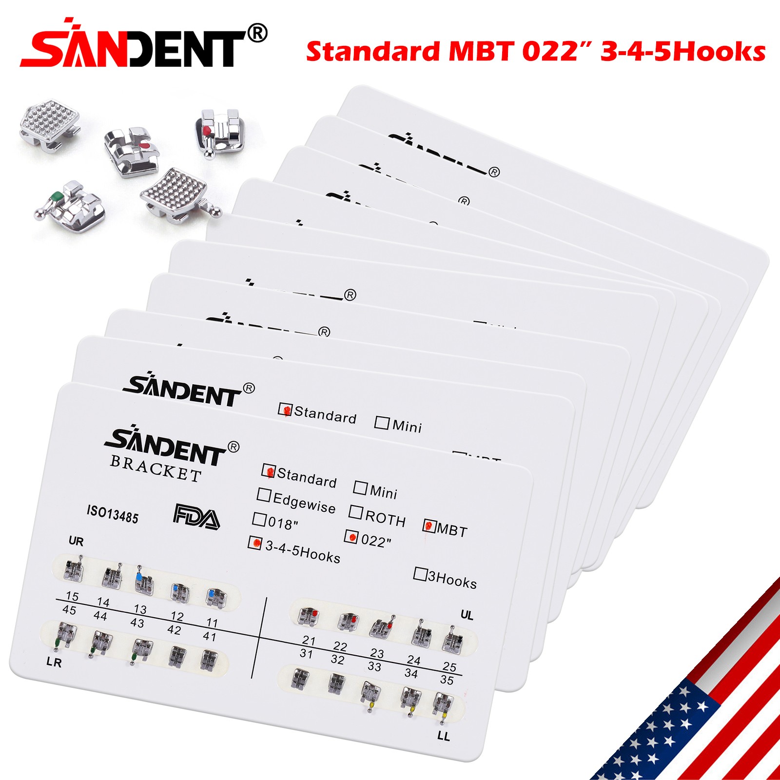 10x SANDENT Dental Orthodontics Brackets Brace Standard MBT 0.022″ Hooks 3-4-5