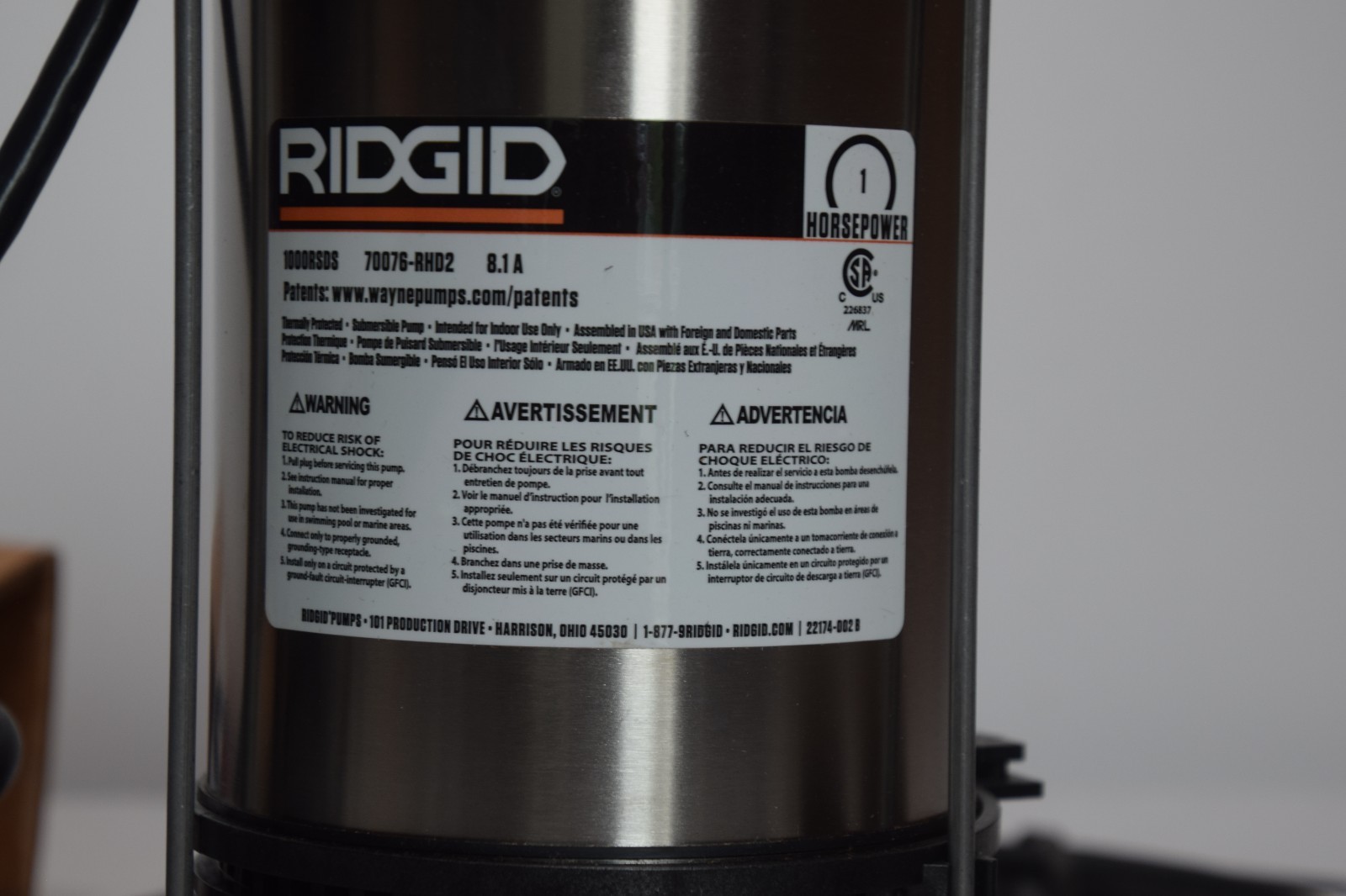 Rigid 1 HP SS Submersible Sump Pump 1000RSDS ***FLOAT LEVER BROKEN & MISSING***