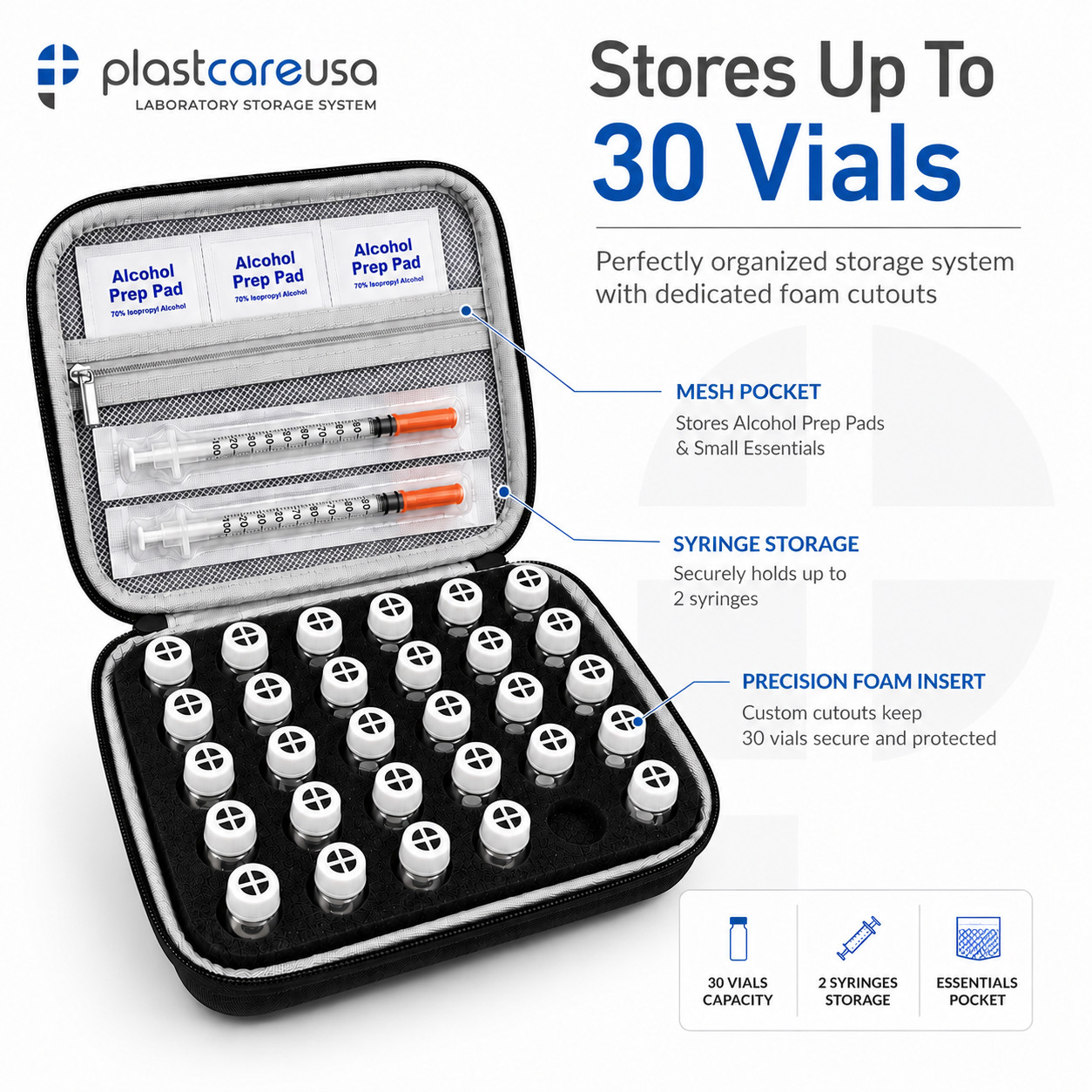Vial Storage Case 30 Slot Hard Shell Box Peptide Insulin 3ml-10ml Travel Carry