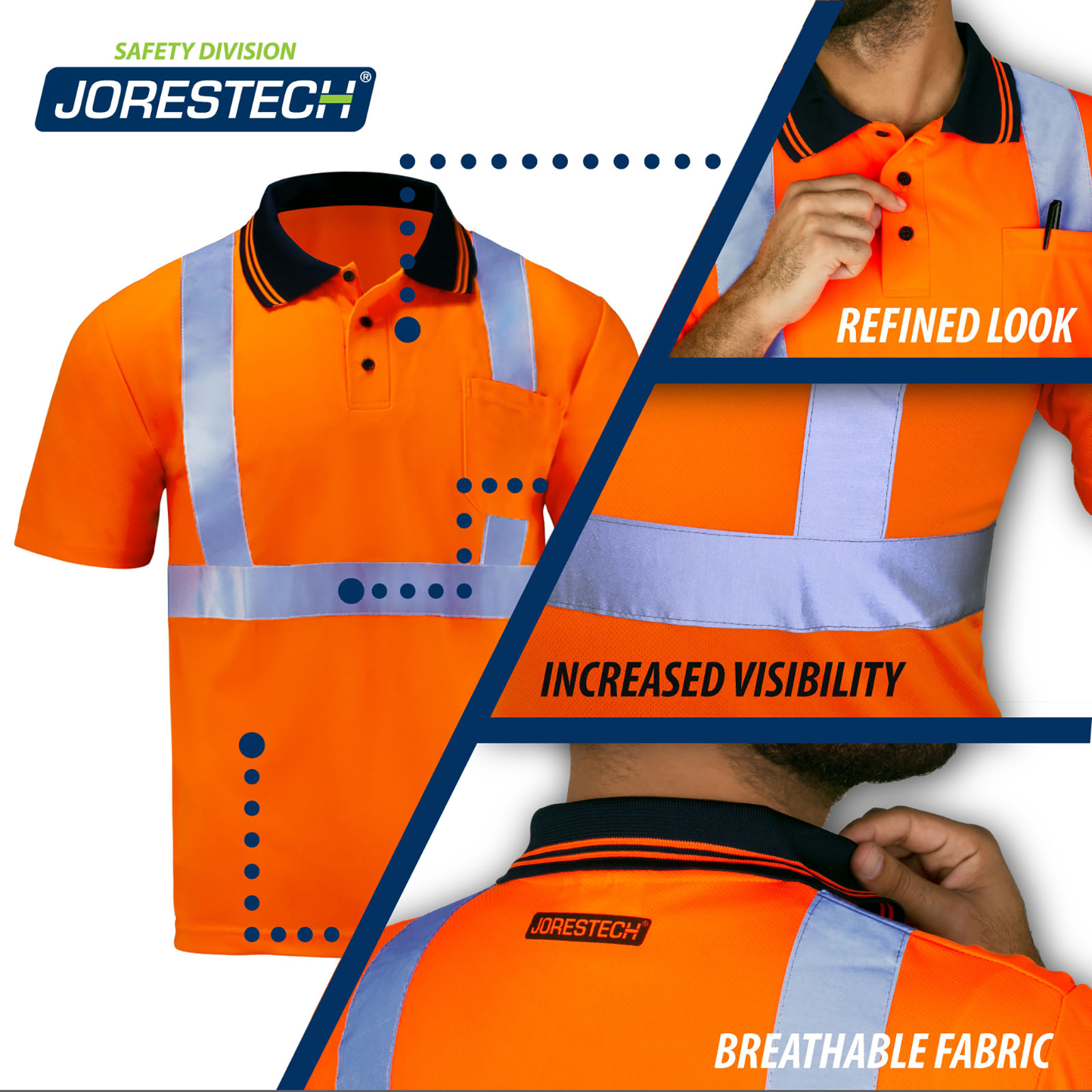 5 Pack Hi-Vis Orange Safety Workwear Short Sleeve Polo Shirt Top Reflective Tape