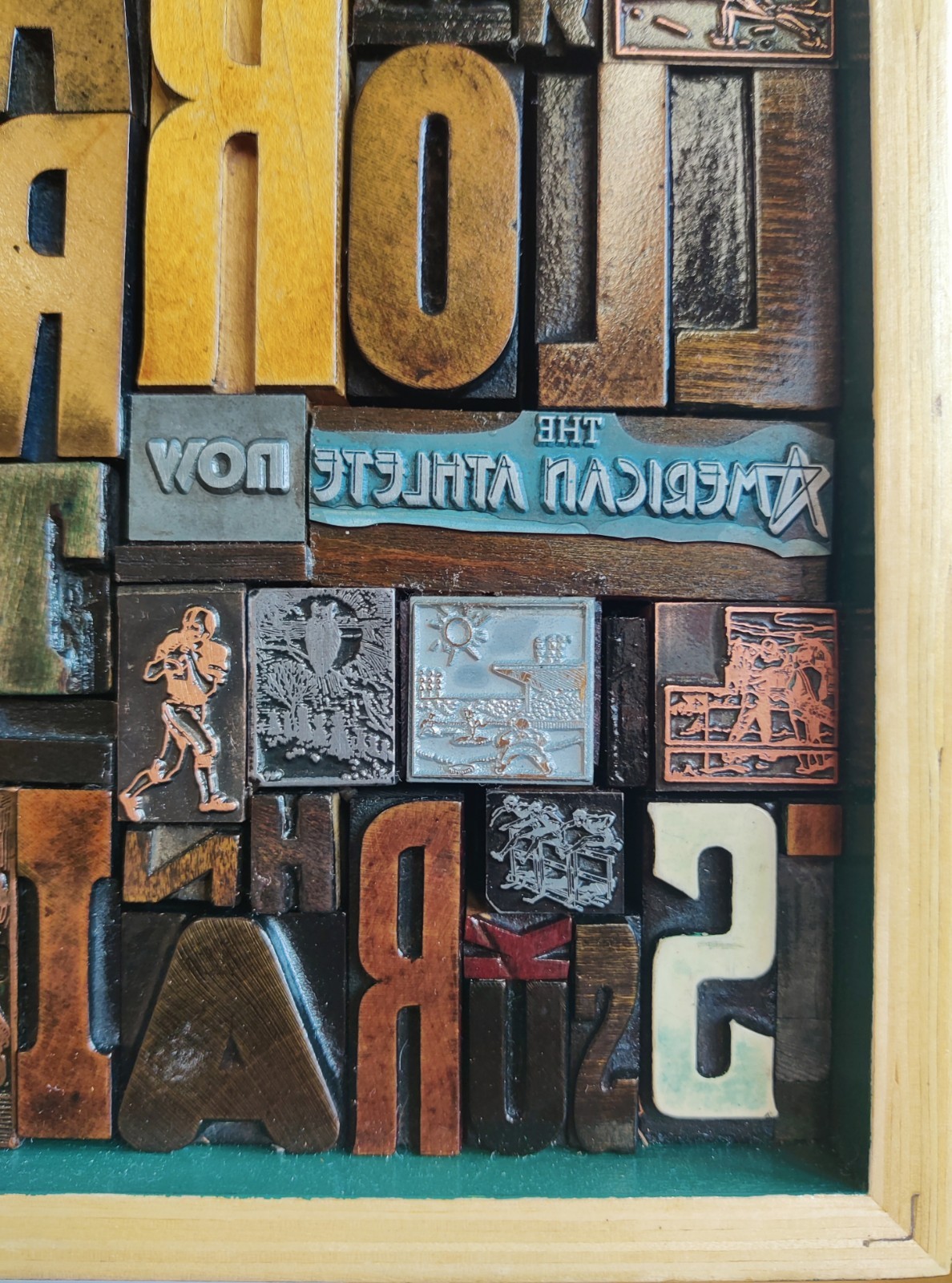 Sports Themed Vintage Letter Press Print Block Collage In Wood Frame