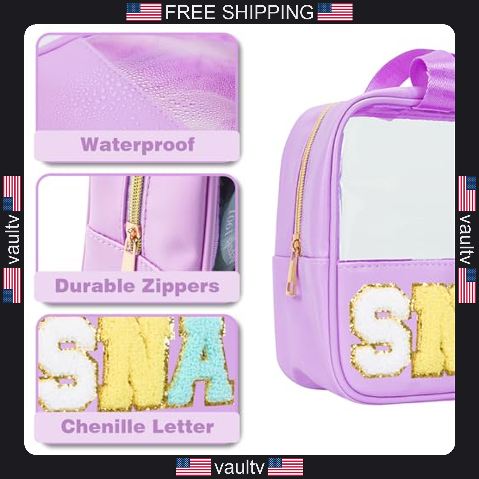 Snack Bags Chenille Letter Patch Clear Bag for Travel, Preppy Cosmetic Bag