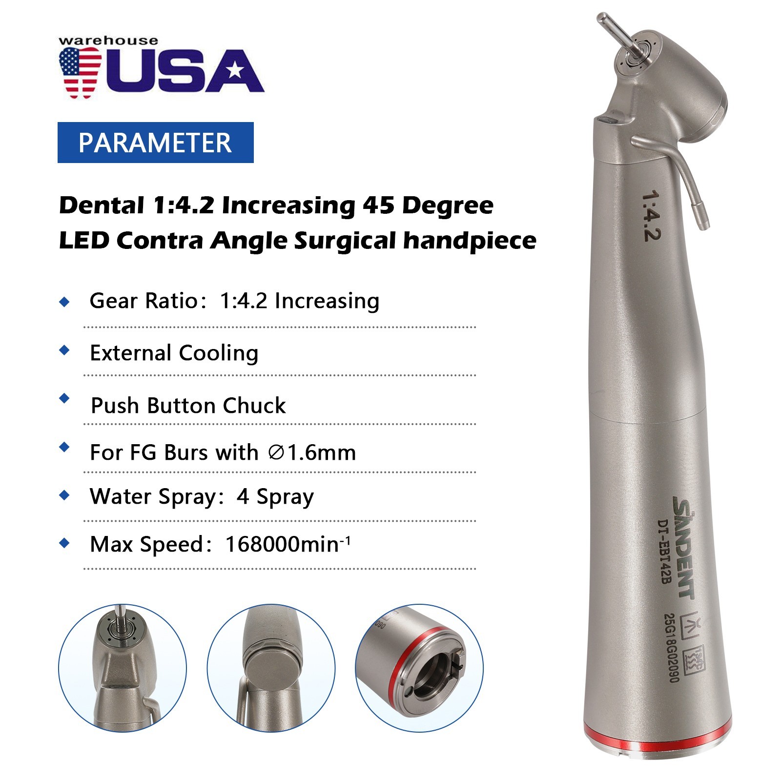 Dental Optic Fiber LED 1:4.2 Increasing Handpiece 45°Angle Head External Channel