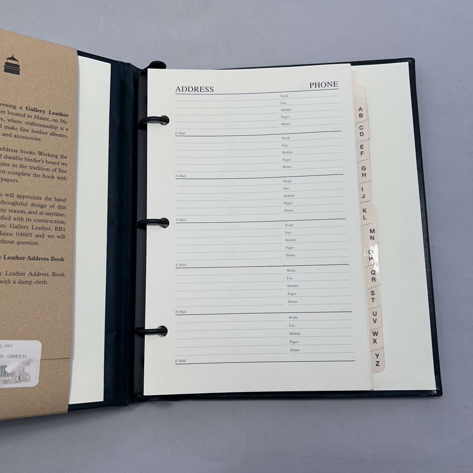 Gallery Leather Address Book 9×7 Handcrafted Refillable Acadia Green