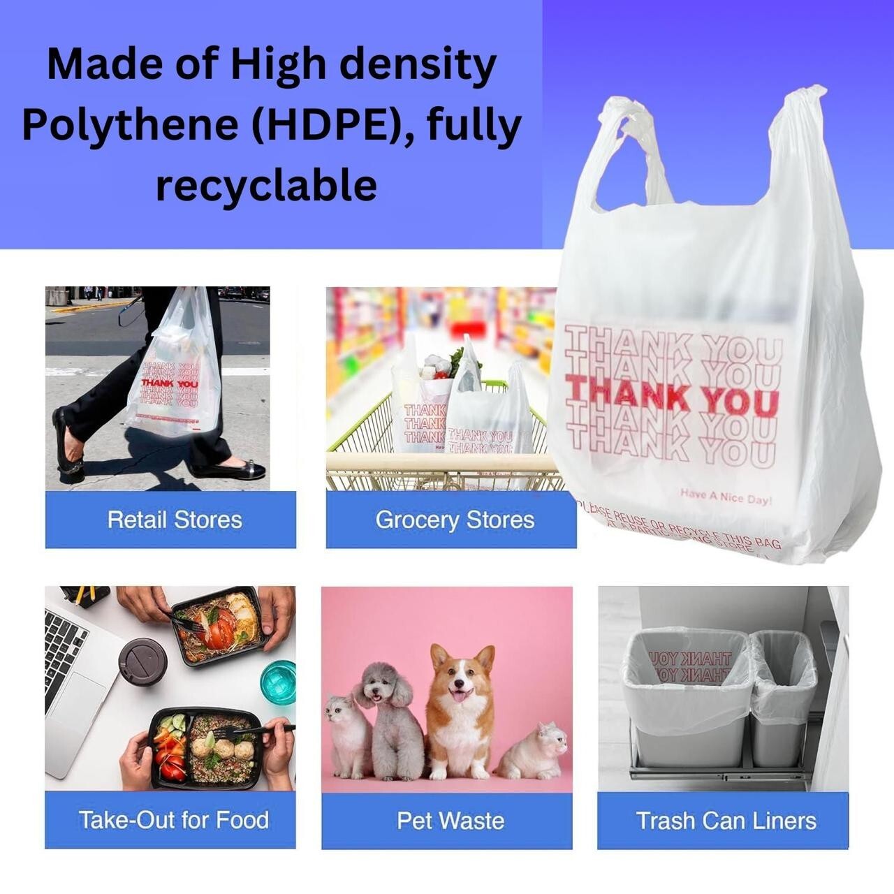 New Large 21 x 6.5 x 11.5 Thank You T-Shirt Plastic White Bags 1000..