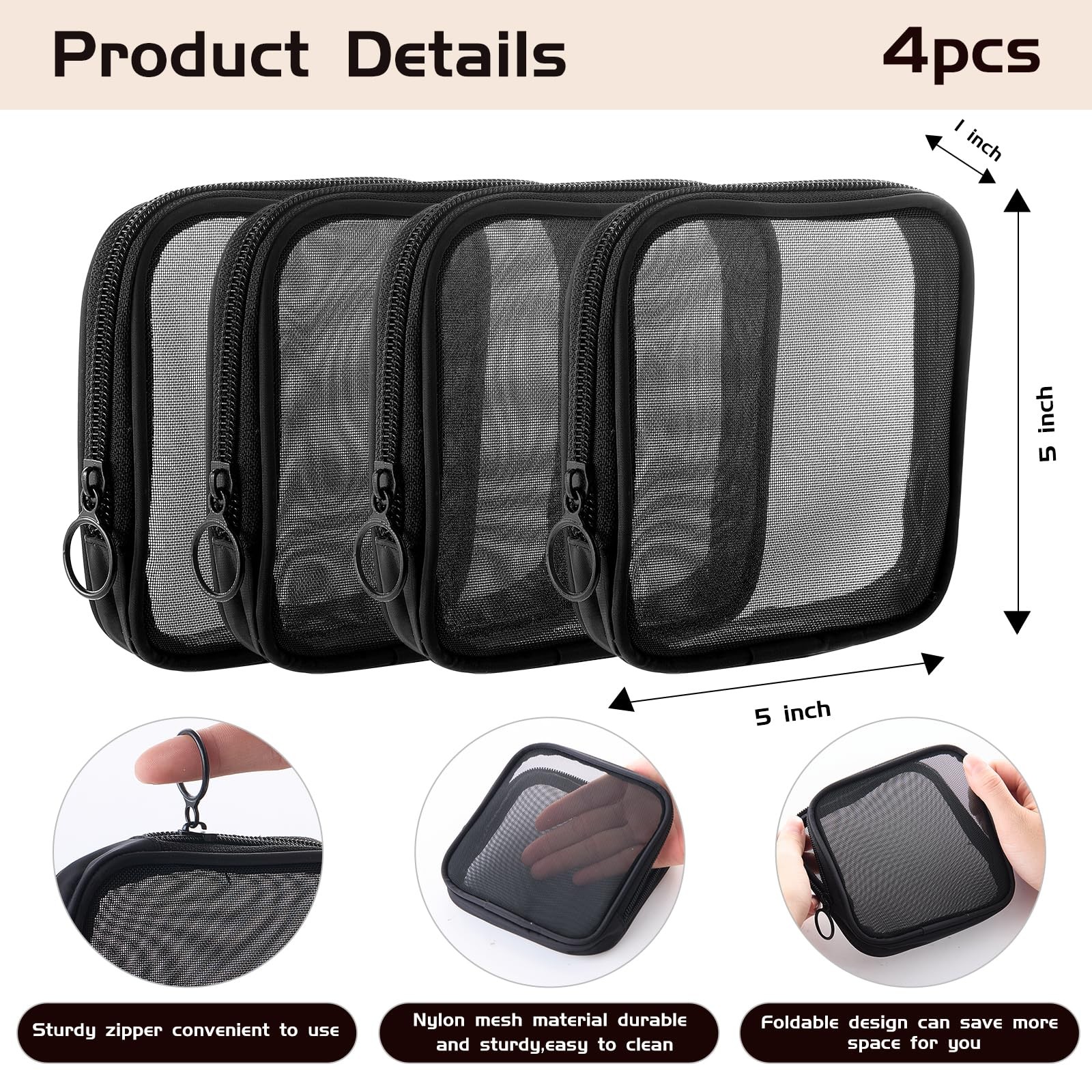 Fnuqz 4 Pcs Mesh Cosmetic Bag Transparent Zipper Mini Black