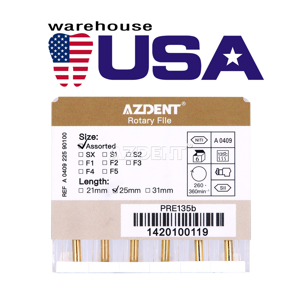 AZDENT Dental Endodontic Gold Taper NITI Rotary Files Engine Use 25mm 6PCS/Packs
