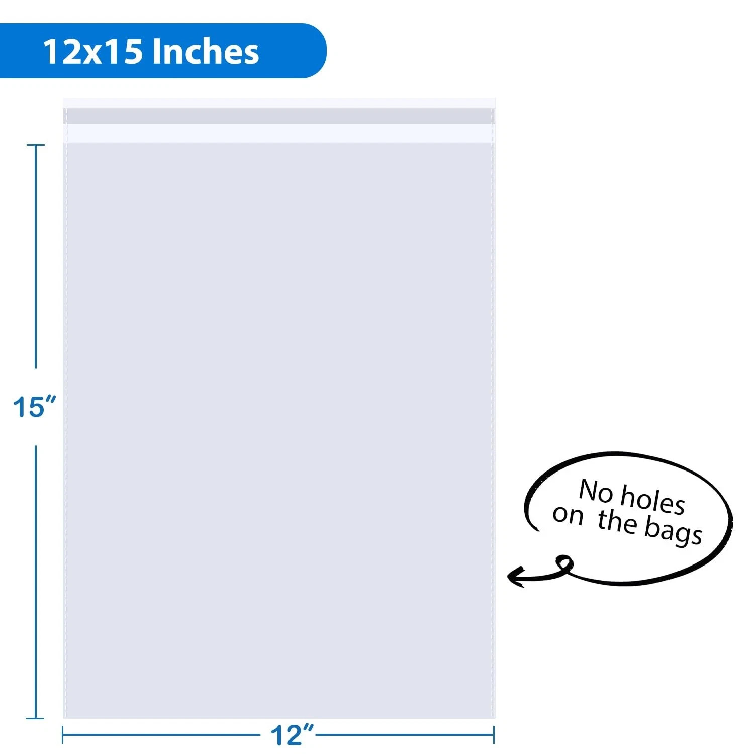 12 x 15 Clear Plastic T-Shirt Bags with Clothing Size Stickers, 100 Pcs Cel
