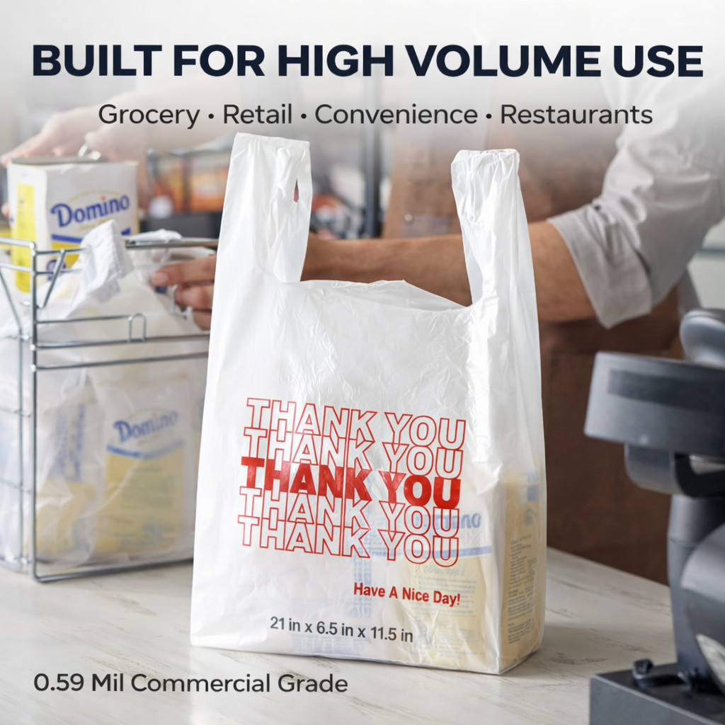 Bags 1/6 Large 21 x 6.5 x 11.5 WHITE THANK YOU T-Shirt Plastic Shopping Bags
