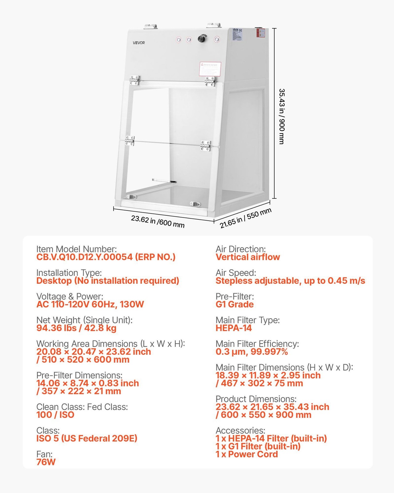 Desktop Laminar Flow Hood, ISO 5 Clean Room, HEPA-14 Filter, 65dB Quiet