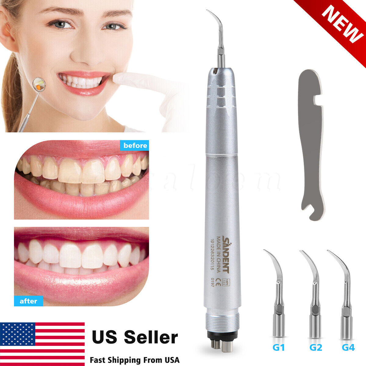 FDA Dental Piezo Air Ultrasonic Scaler 4-Hole Handpiece with 3 Scaler inserts US