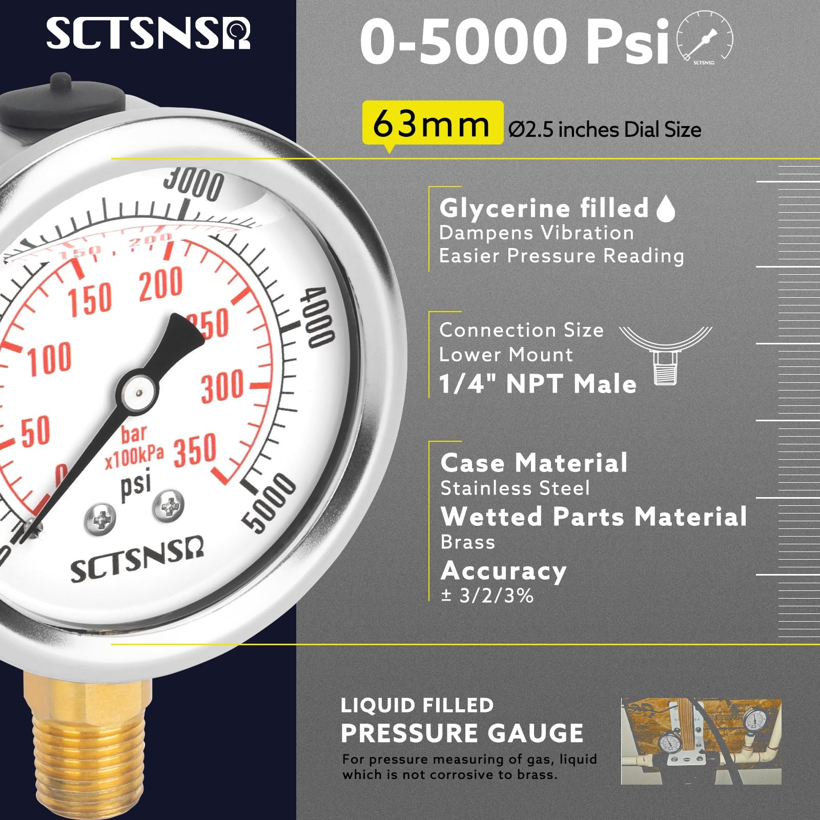 HeavyDuty Pressure Gauge 5000 PSI Glycerin Liquid Filled 1/4 NPT Stainless Stee