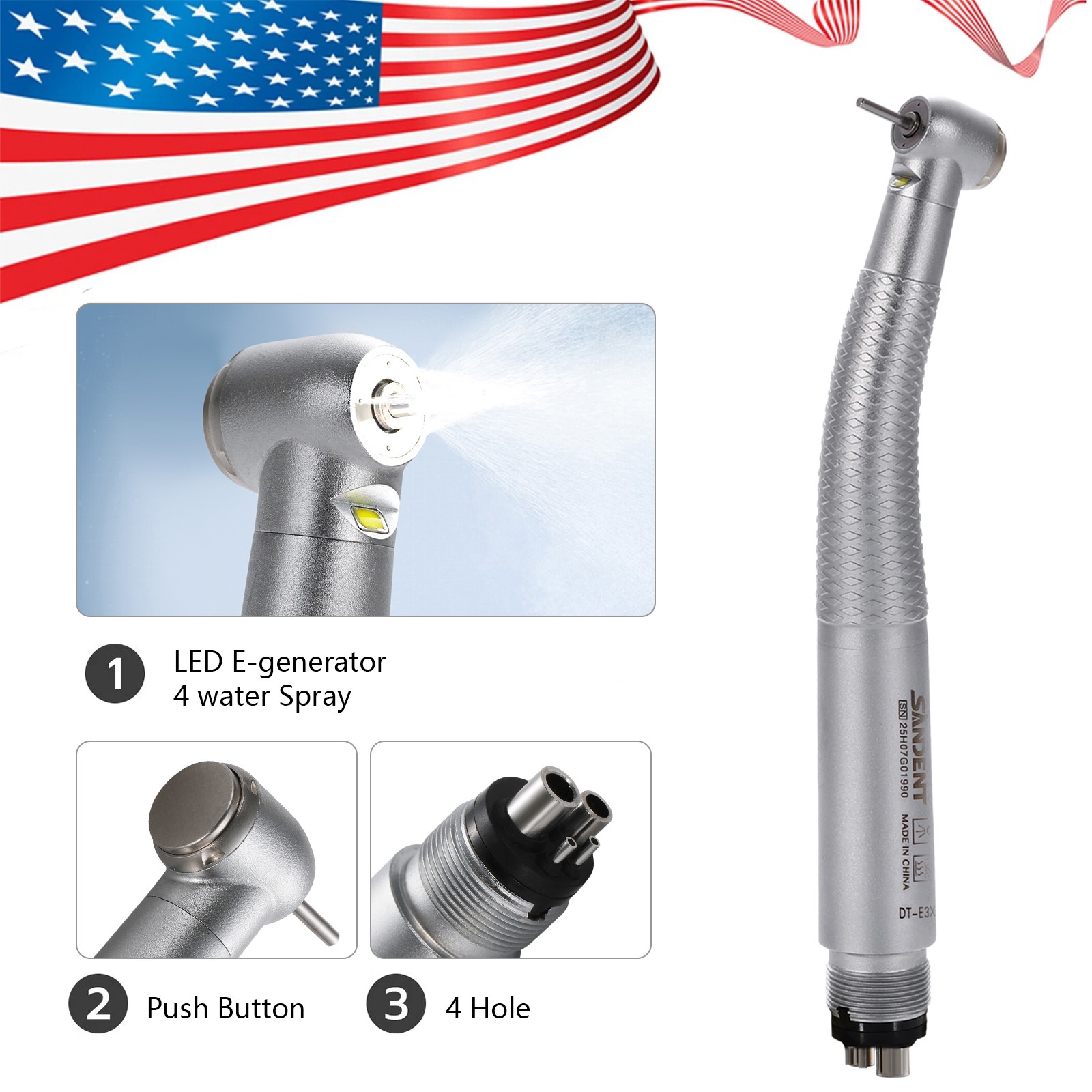 Dental LED E-generator High Speed Handpiece 4Holes 4-Port Spray SANDENT FG1.60mm