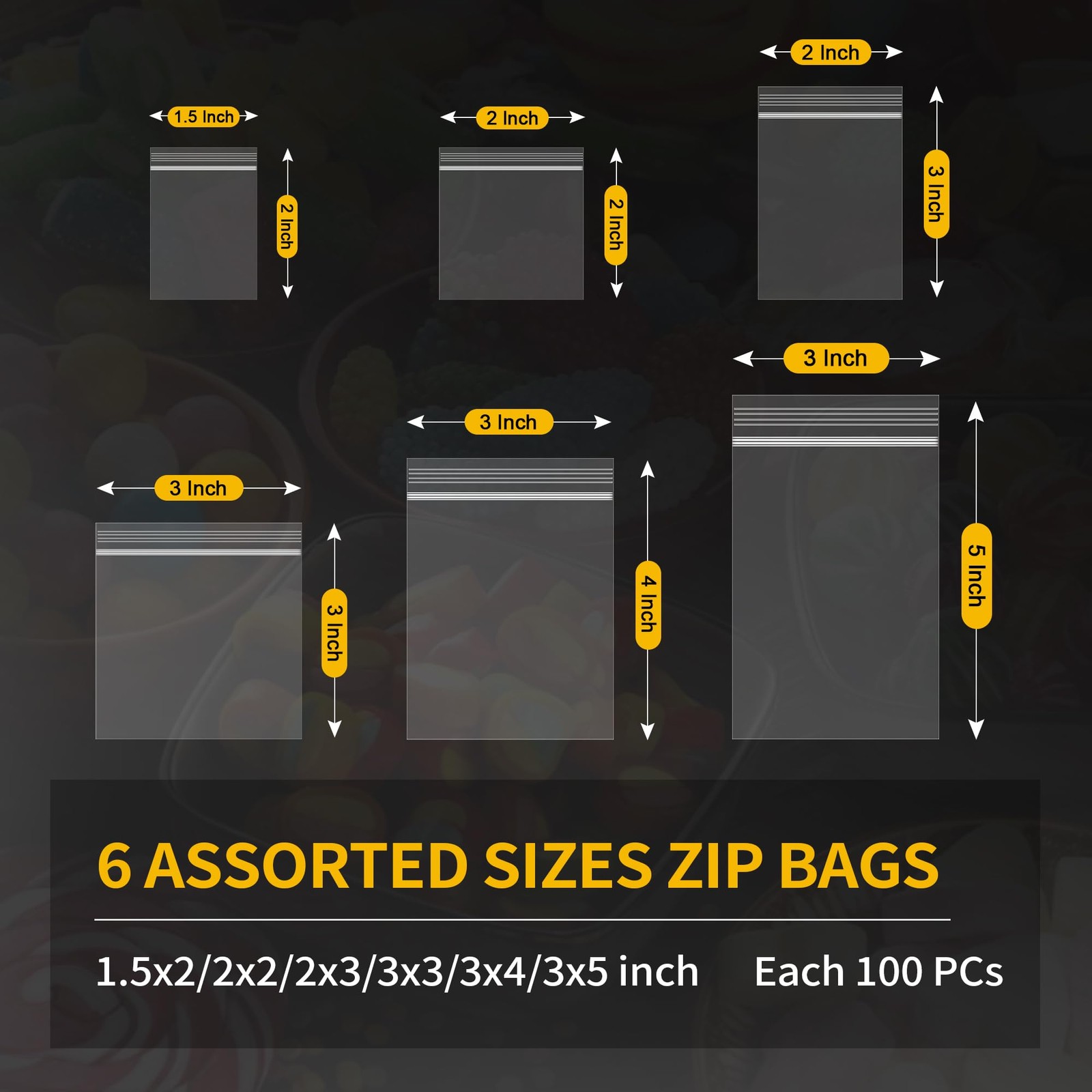 600 Pack Mini Zipper Lock 600pcs(1.5×2 2×2 2×3 3×3 3×4 3×5 inch), clear