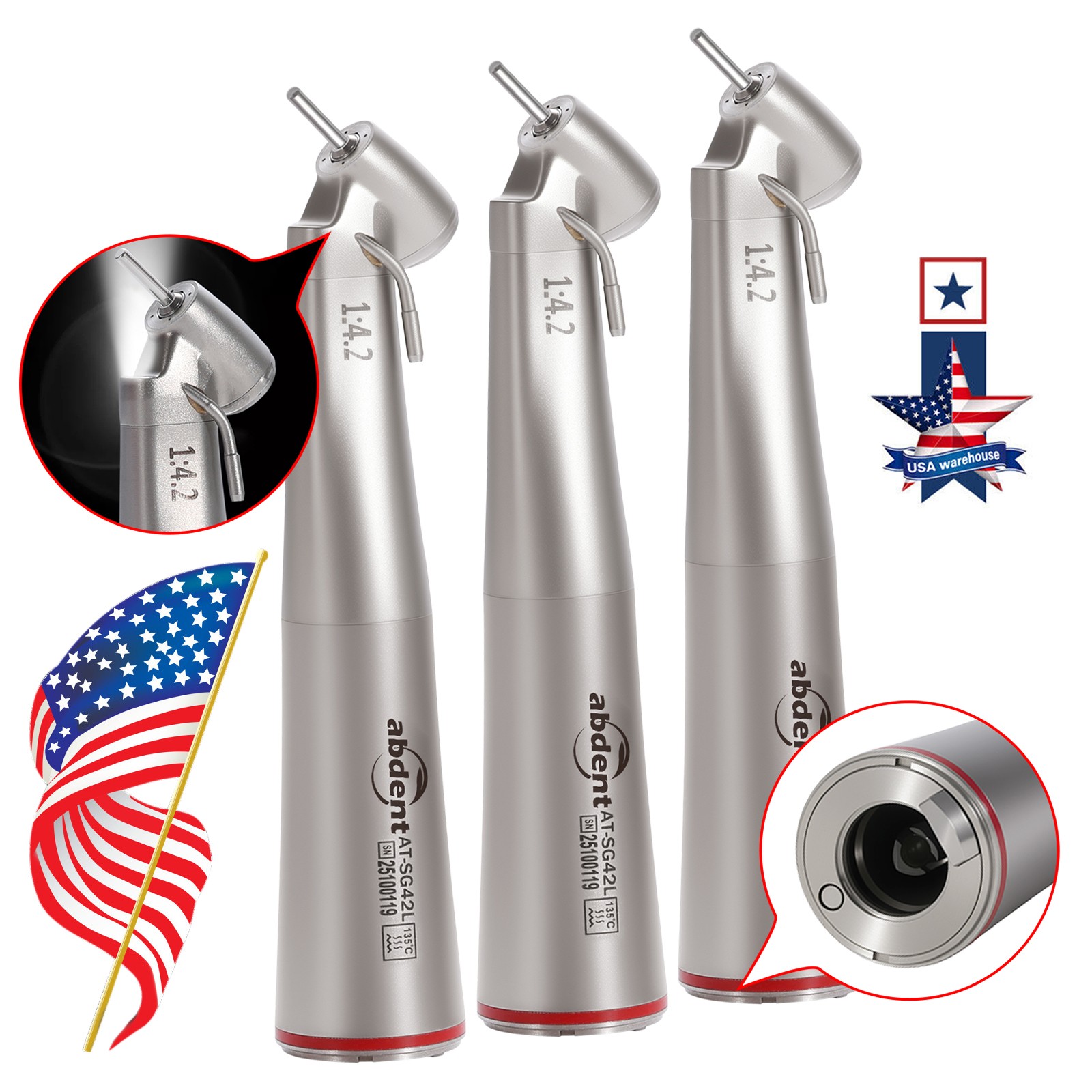 3 PCS Dental 1:4.2 LED 45°Angle Head Contra Angle Handpiece External Water