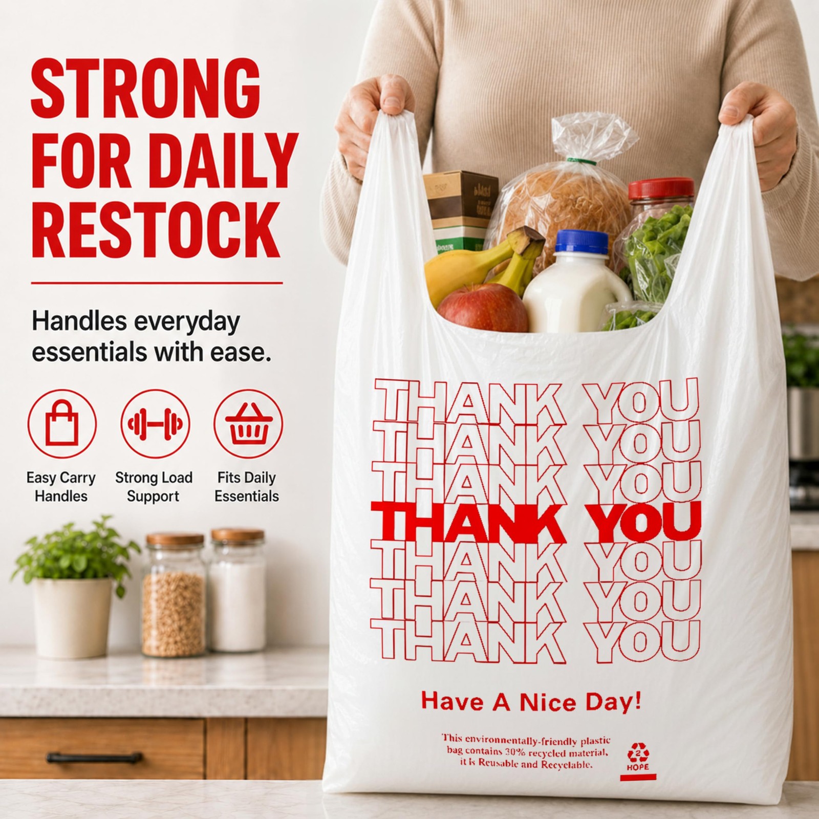 1000 Count White Thank You T-Shirt Bags, 11 x 6 x 21 in