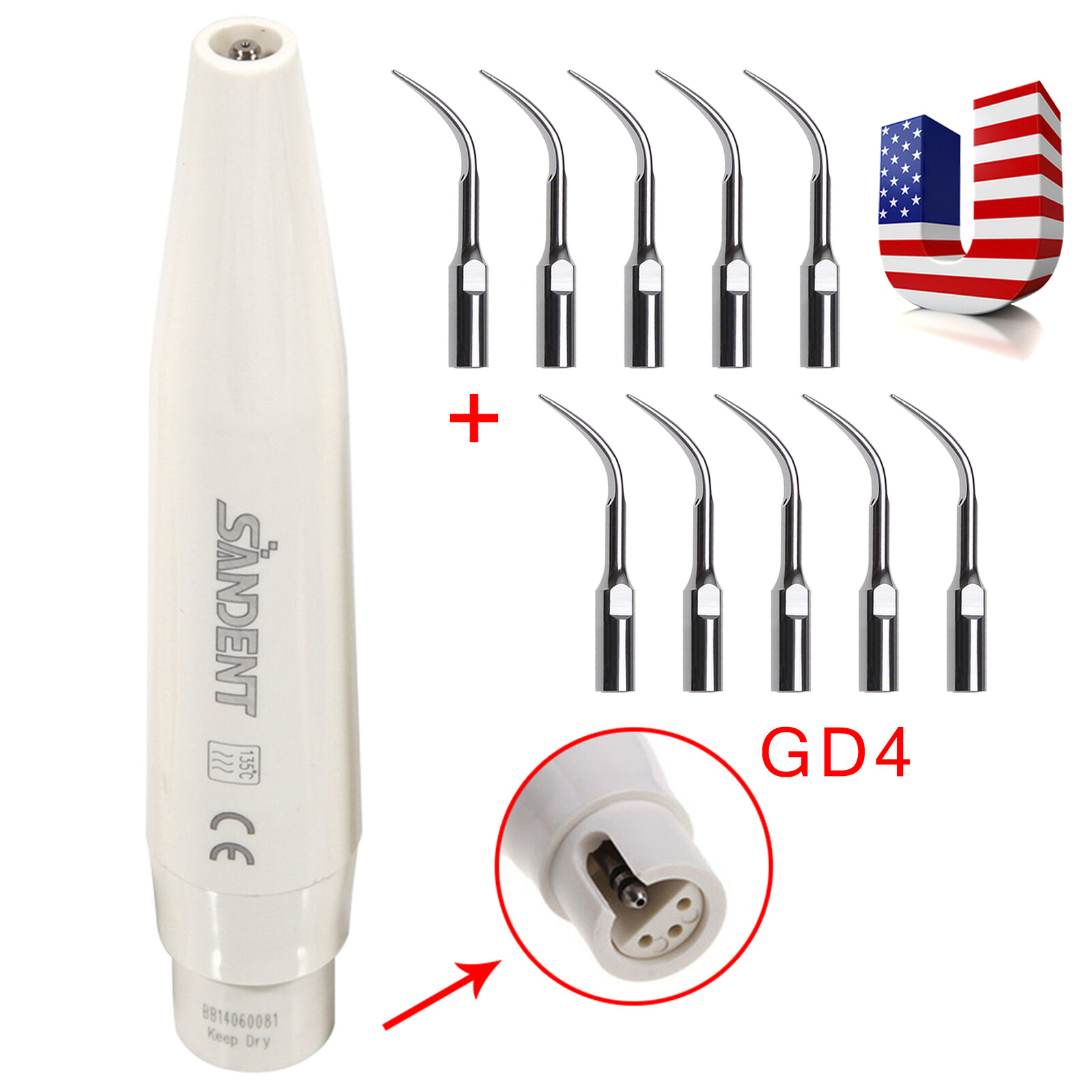 Dental Ultrasonic Scaler Handpiece / 5-20* Scaling Tips GD4 Fit DTE SATELEC NEW